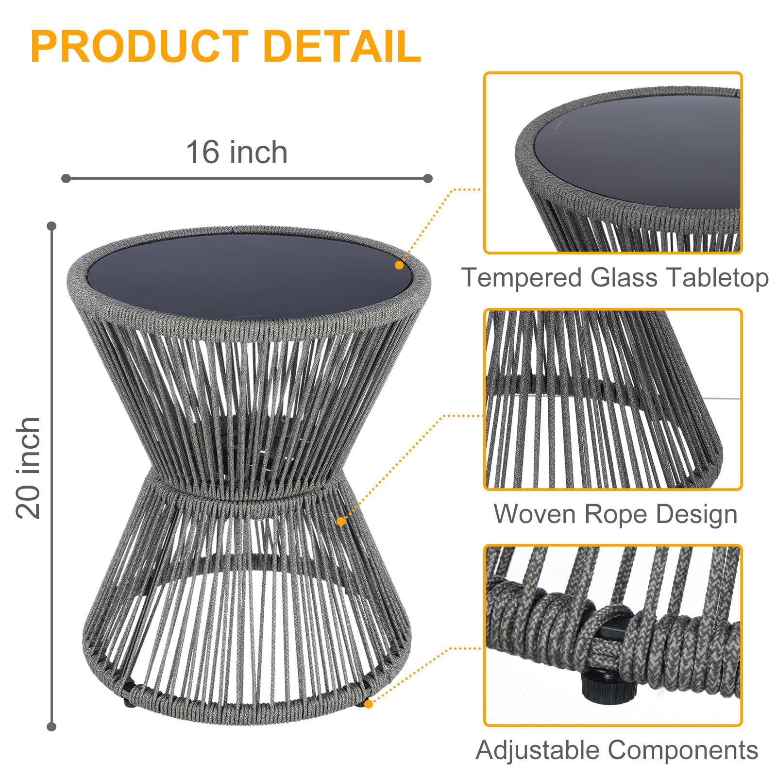 Woven Rope Outdoor Side Table with Glass Top