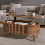 LYNCOHOME 43.3'' Fluted Lift Top Coffee Table with Storage,Modern Oval Coffee Table for Living Room or Home Office（Walnut）