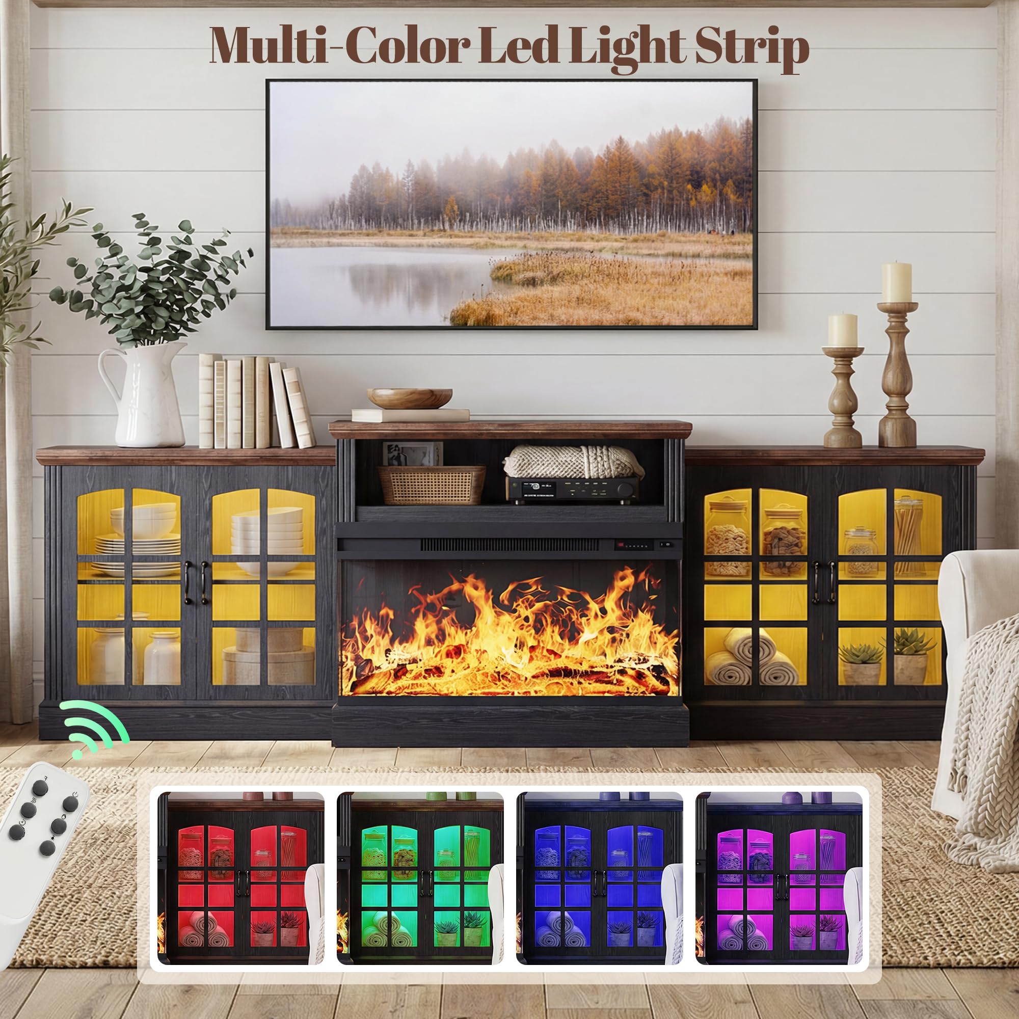 97" Farmhouse Fireplace TV Stand for TVs Up to 100", Entertainment Center with 36" 3-Sided Glass Electric Fireplace, 12 Flame Colors & LED Light Modes, Media Console for Living Room, Black