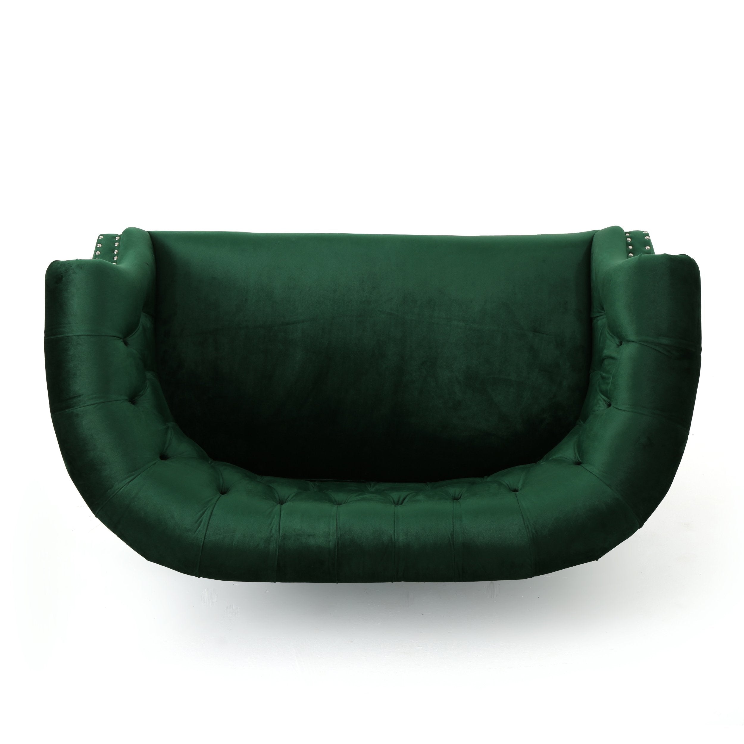GDFStudio Melaina Tufted Chesterfield Velvet Loveseat with Scrolled Arms, Emerald and Dark Brown.