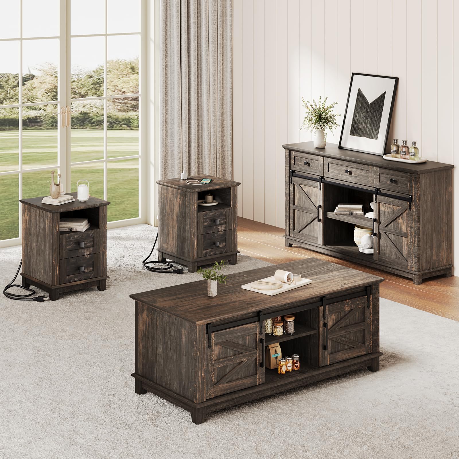 LUXOAK 4 Pieces Farmhouse Living Room Table Sets - Includes 59" Sliding Barn Door TV Stand for 65 in TV, Rustic Coffee Table with Storage, End Tables Set of 2 with Charging Station, Dark Rustic Oak