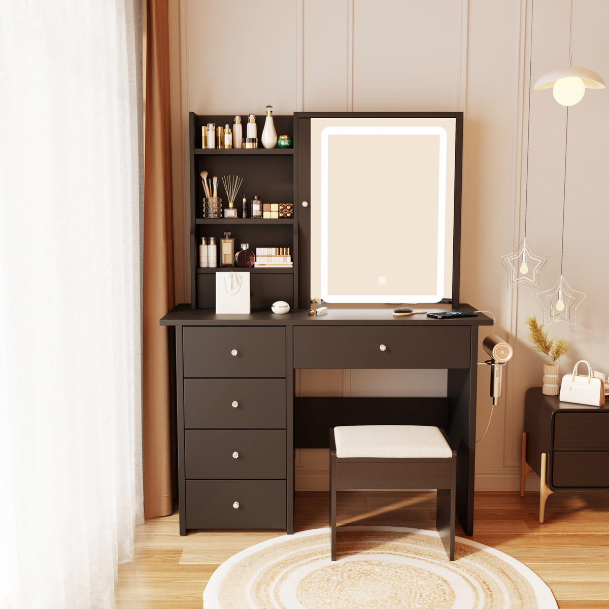 DYHOME Makeup Vanity Desk with LED Lights Mirror, Vanity Table Set Black