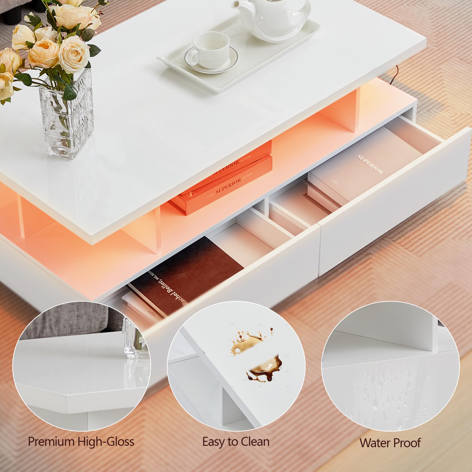 Tltaroni LED Coffee Table, Modern High Glossy Living Room Table with 4 Drawers and Open Display Shelf Wood Rectangle Center Tables with Storage for Living Room, White