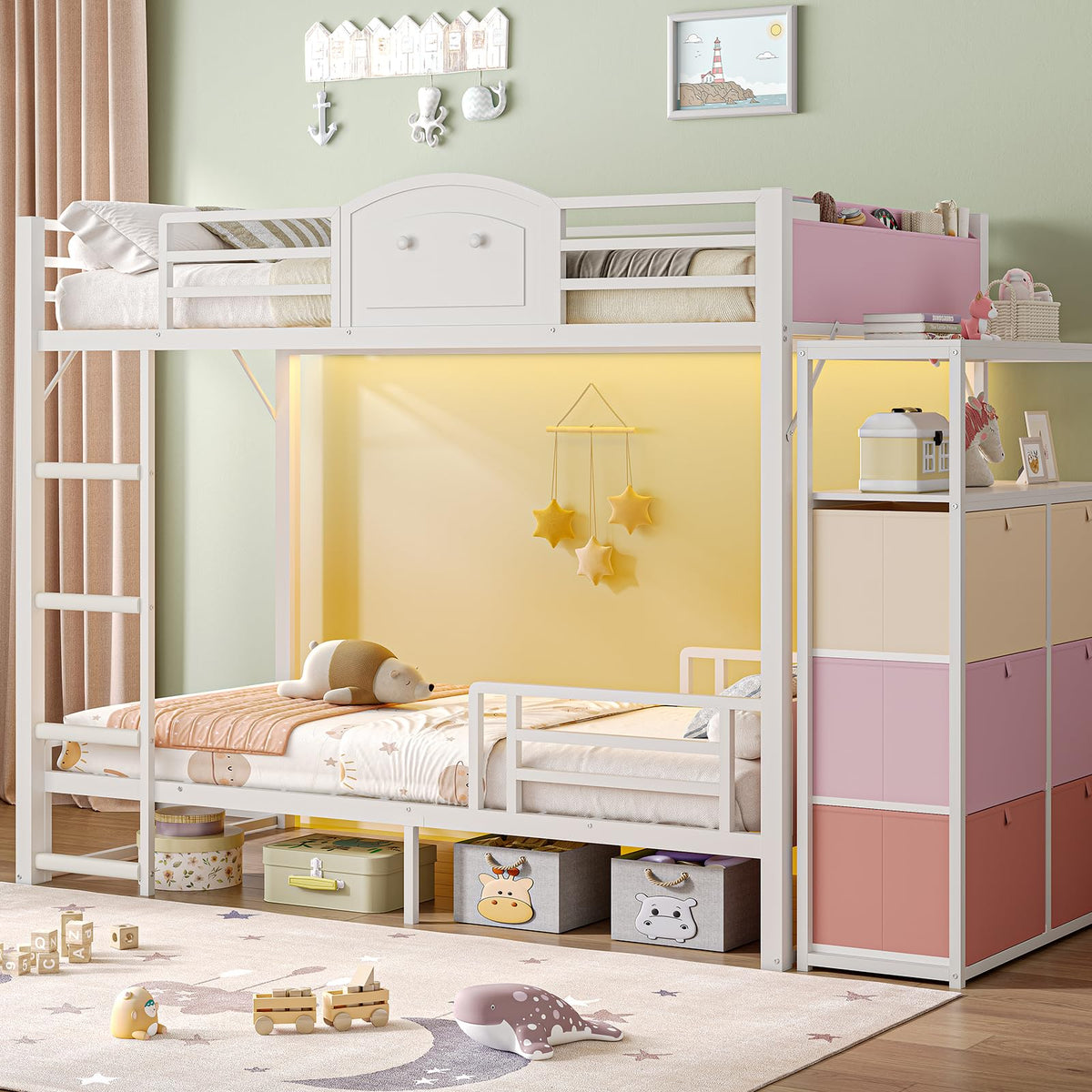 AOGLLATI Bunk Bed Twin Over Twin with 6 Storage Drawers for Kids Teens,Metal Led Loft Bed with Bedside Storage,Safety Guardrails for Small Space, No Box Spring Needed,White