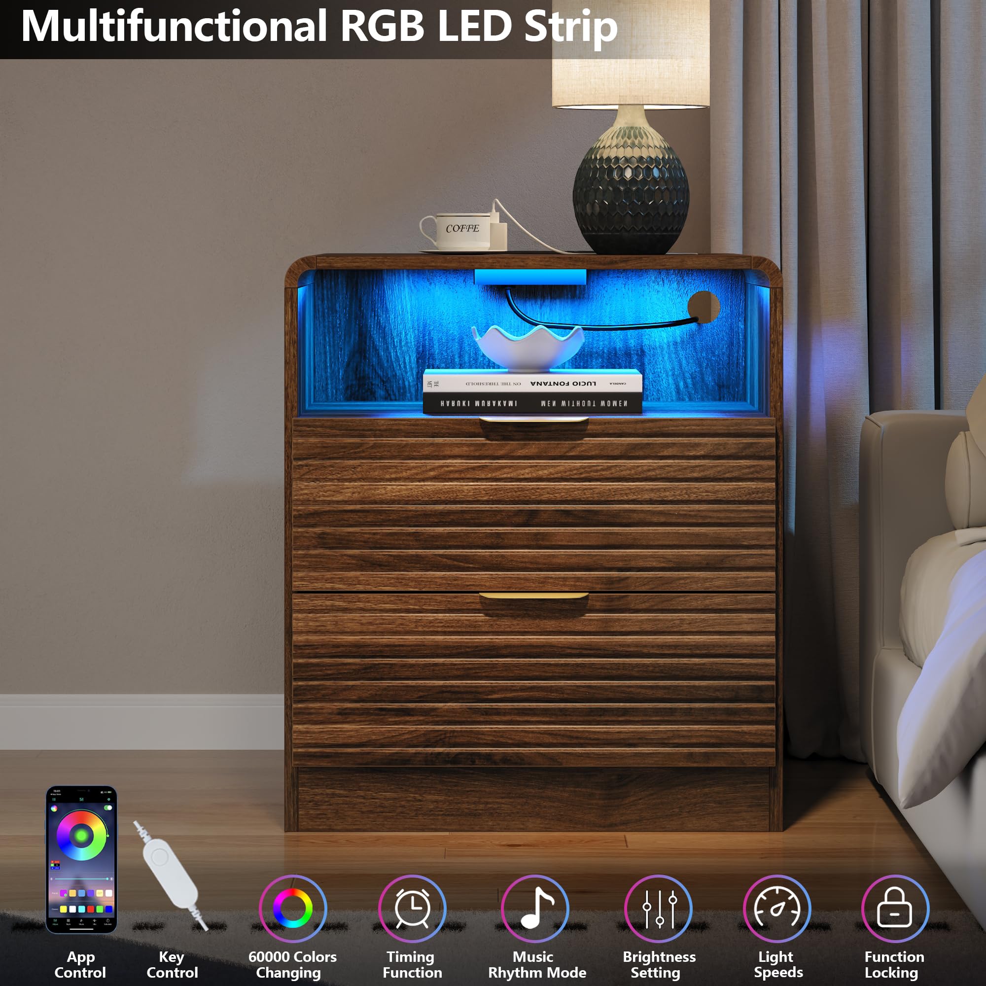 Fluted Nightstand with Charging Station & LED Lights