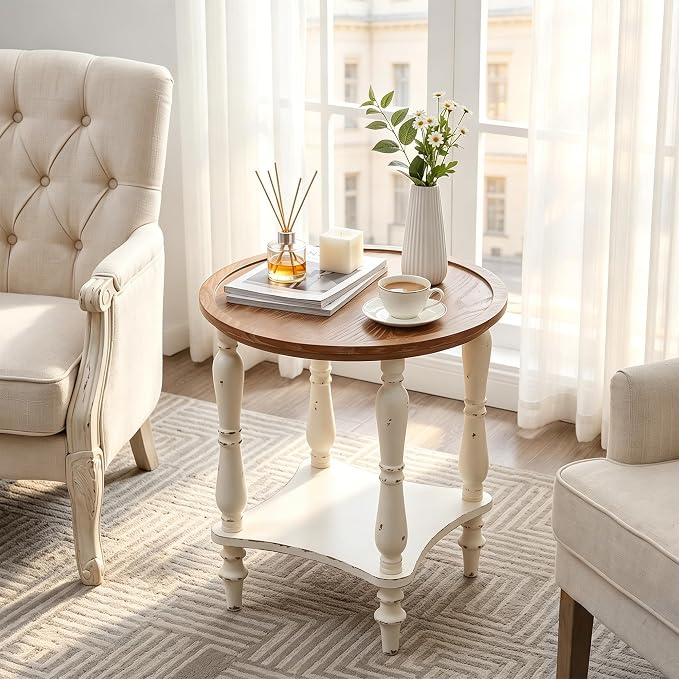 Round 2-Tier End Table, 23.6" Vintage French Country Side Table