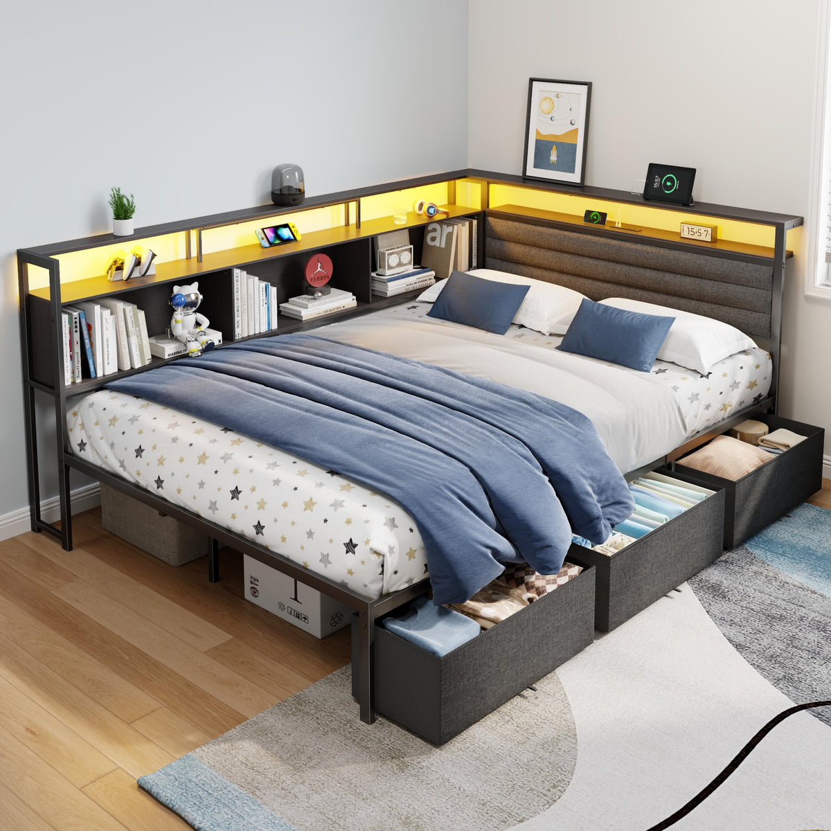 Full Corner Storage Bed with LED Lights