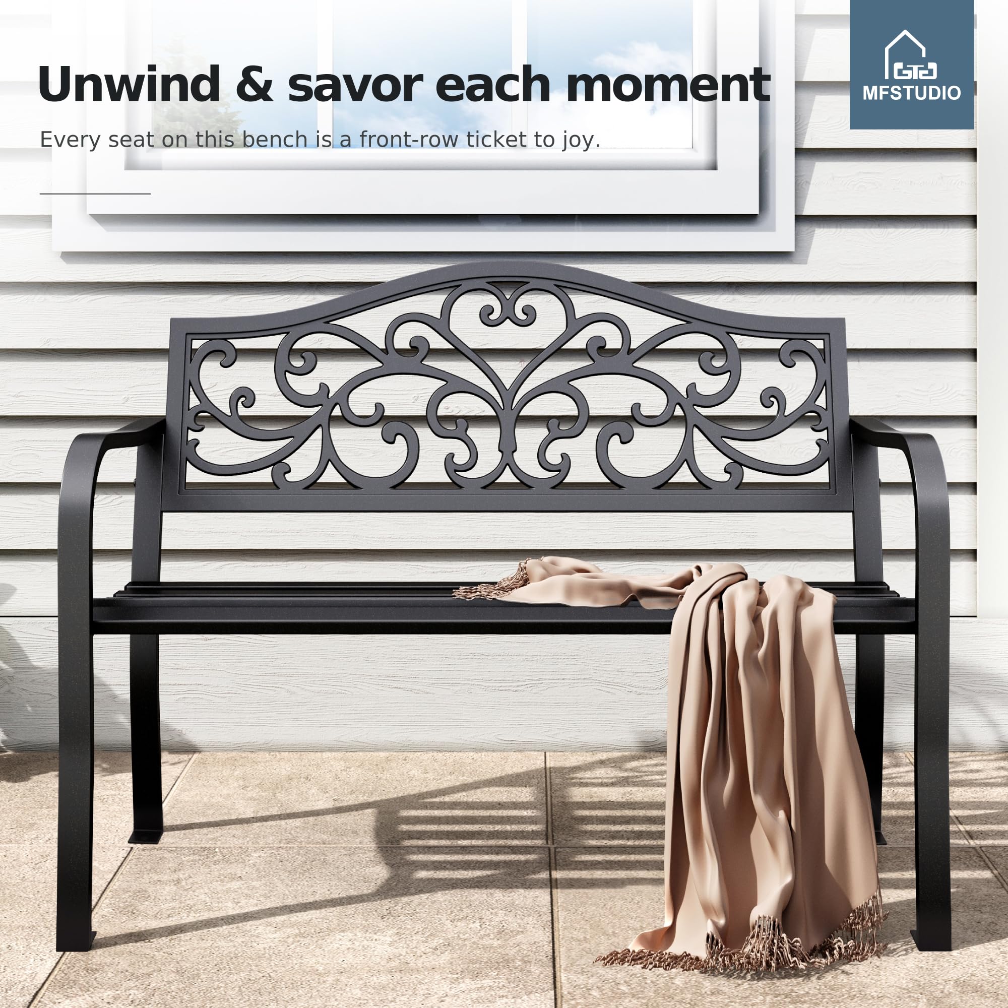 Outdoor Garden Bench with Floral Pattern Backrest