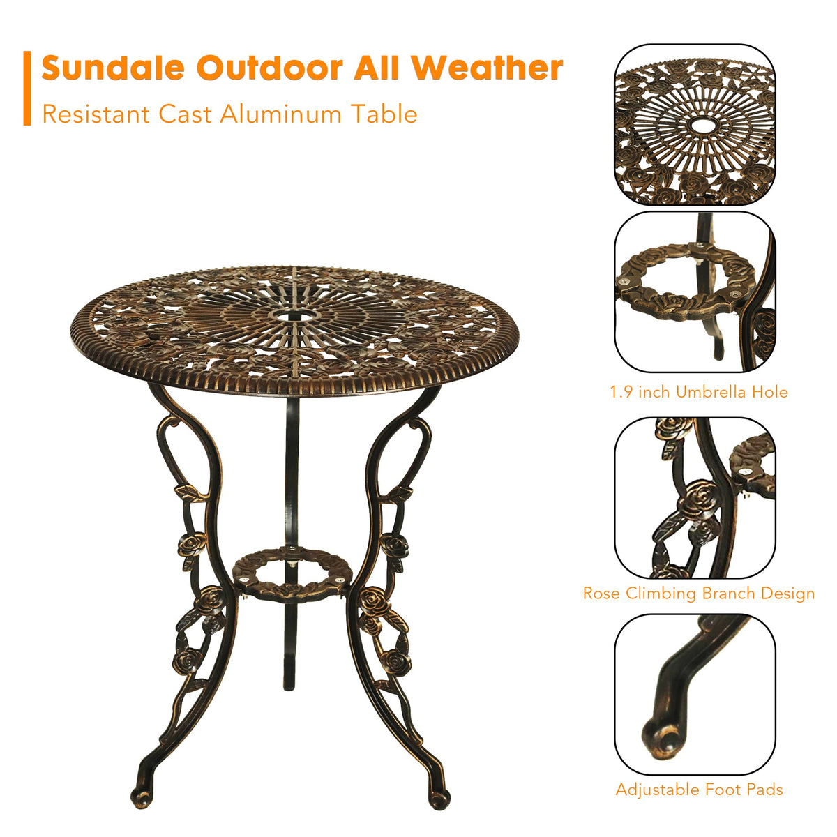Sundale Outdoor Bistro Set of 3, Patio Conversation Set with Umbrella Hole for Balcony Cast Aluminum All Weather Resistant Antique Finish Patio Porch Yard Bronze Rose