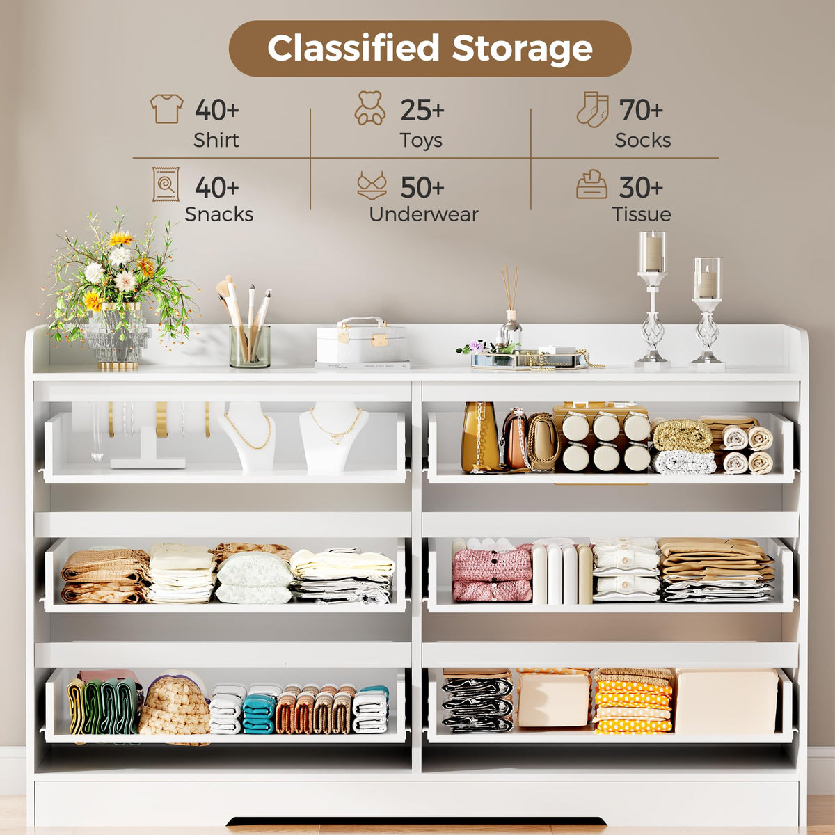 BEWISHOME 6 Drawer Dresser for Bedroom, Double Dresser with Fence