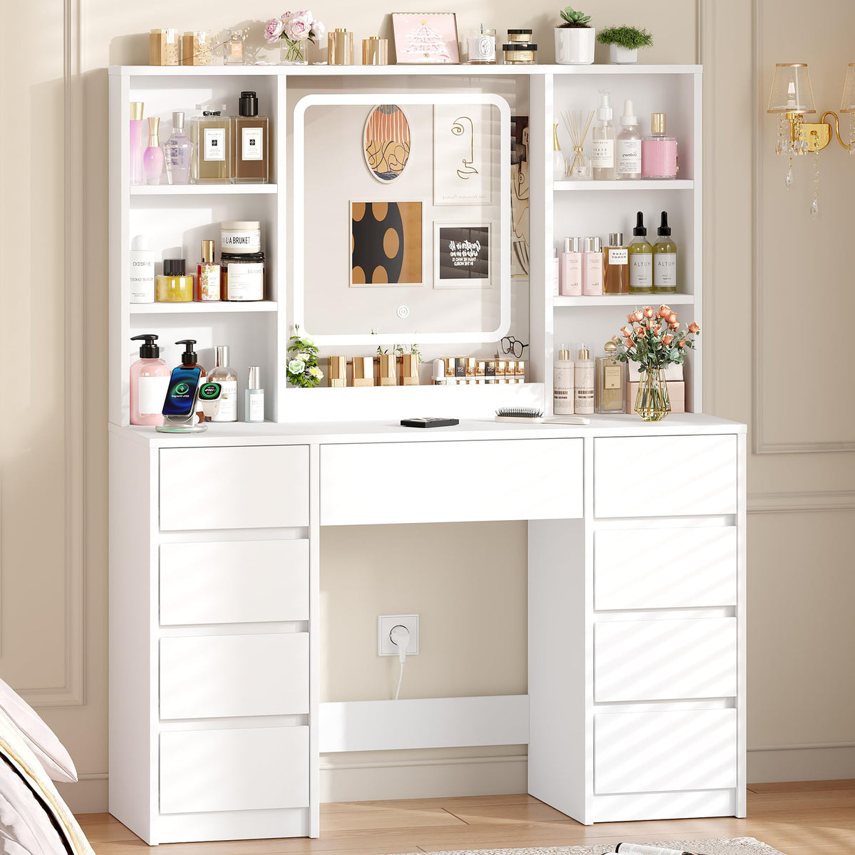 White 9-Drawer LED Makeup Vanity