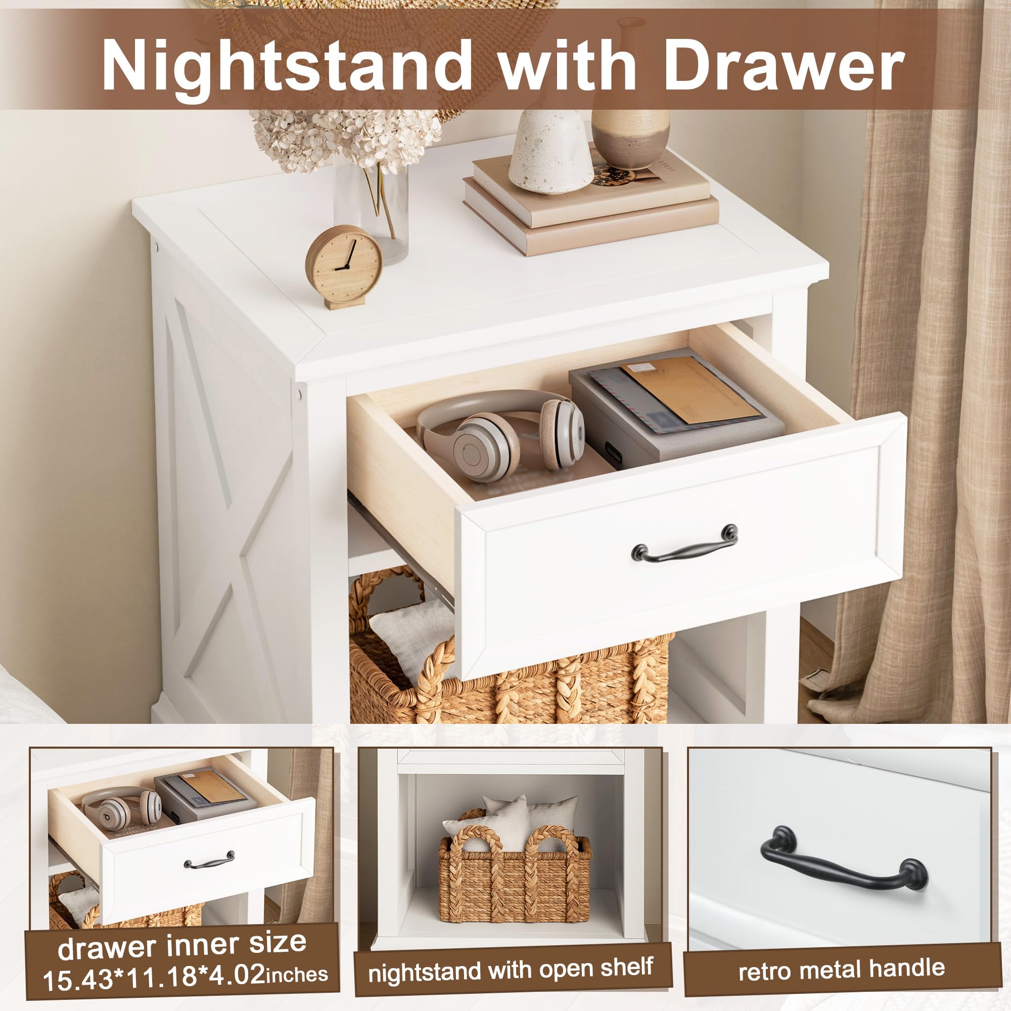 4 Piece Bedroom Set, Farmhouse Queen Size Bedroom Furniture Sets with Storage Nightstands and 1 Dresser, Bedroom Furniture Sets with Wooden Platform Bed Frame for Bedroom, White