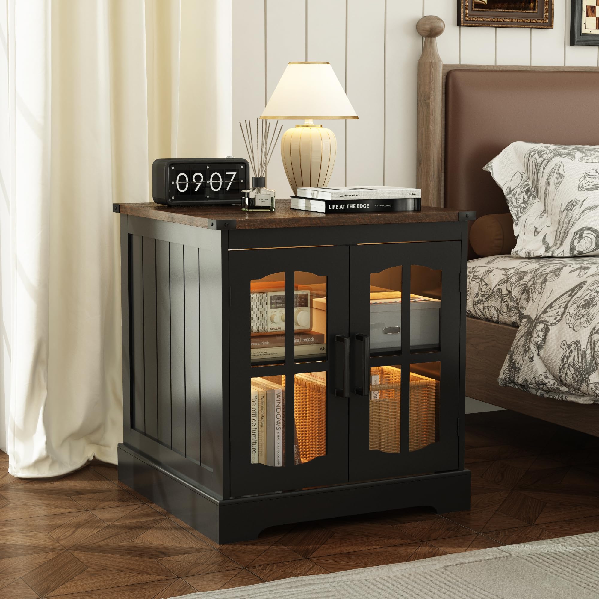 Rustic End Table with Charging Station & LED Light