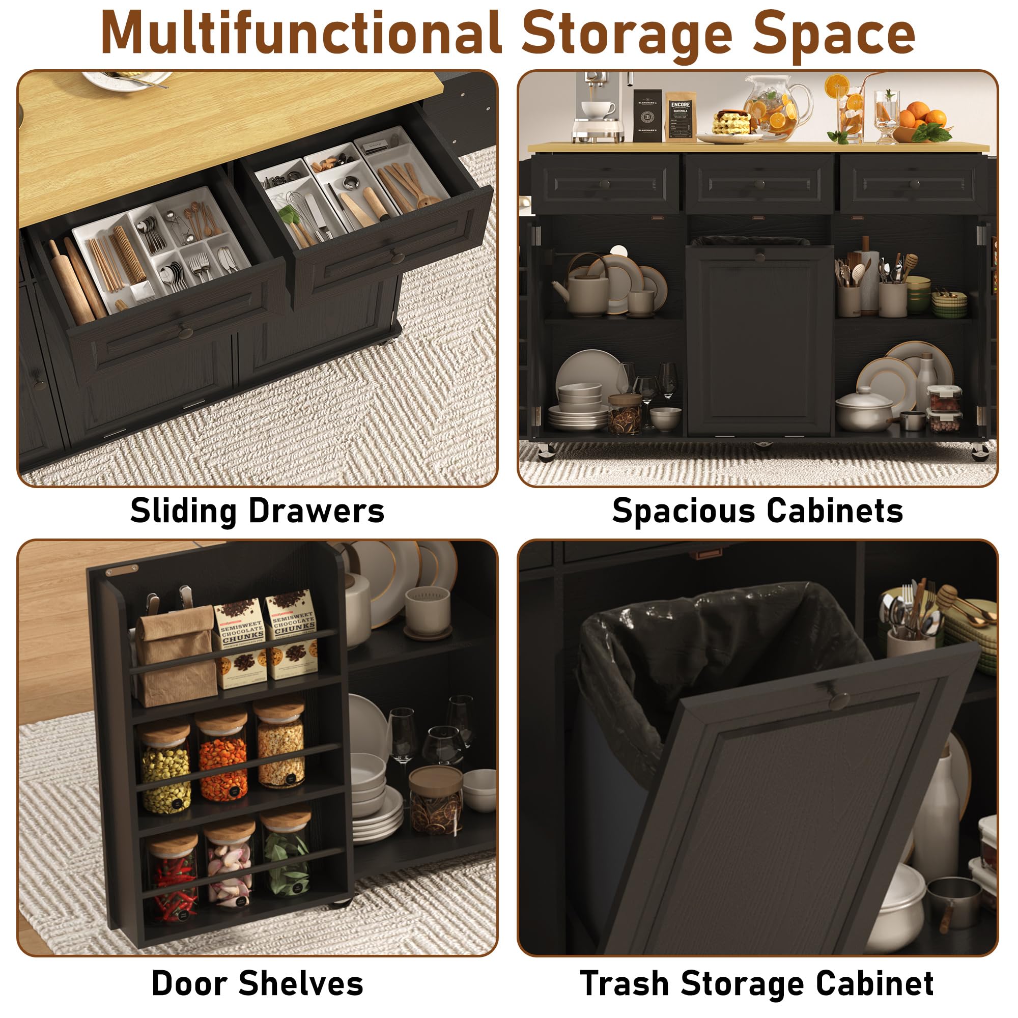 St.Mandyu 63 inch Rolling Kitchen Island with Power Outlet, Drop Leaf & Storage Cabinet - Mobile Cart with Hidden Trash Cabinet, Spice Rack, Shelves, and Towel Holder for Small Spaces,Black