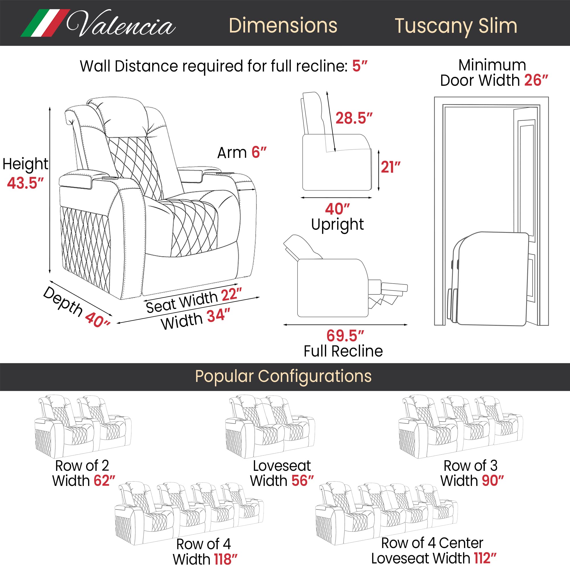 Valencia Tuscany Slim Home Theater Seating | Premium Top Grain Italian Nappa 11000 Leather, Power Reclining, Lumbar Support, Headrest, LED Lighting (Row of 3 Loveseat Left, Black)