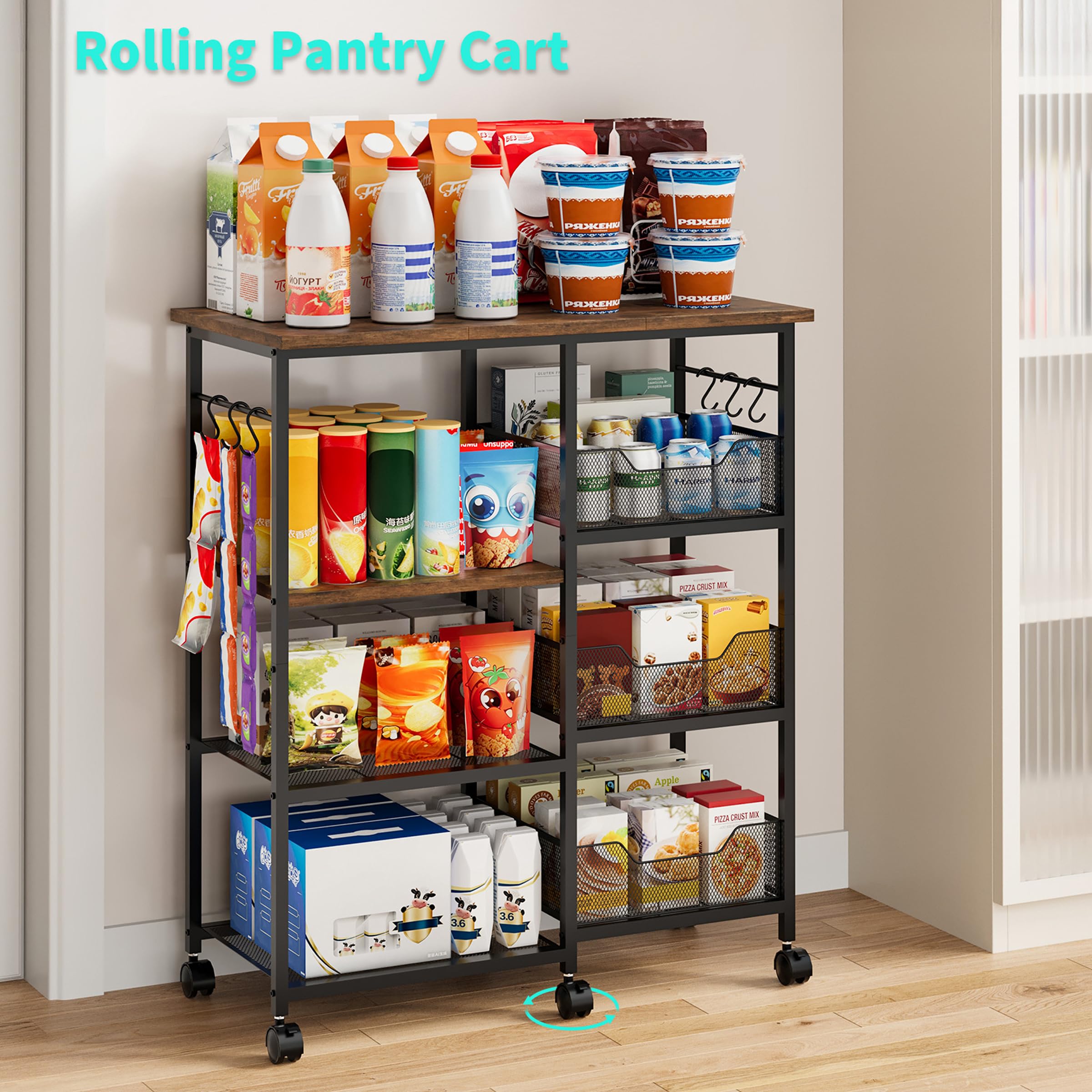HapiRm Rolling Kitchen Carts with Storage - Microwave Table Stand with 6 Hooks & 3 Baskets, kitchen Island Cart on Lockable Wheels, 28.3" L × 14.6" W Bakers Rack Cart for Dining Room Coffee Bar Office