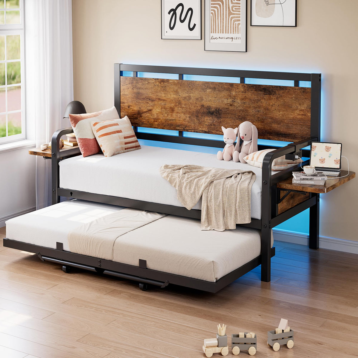 Jocoevol Daybed with Trundle and LED Light, Heavy Duty Metal Twin Bed Frame with Movable Charging Station, Day Bed Pop Up Trundle Bed Twin for Living Room, Bedroom and Guest Room, Brown