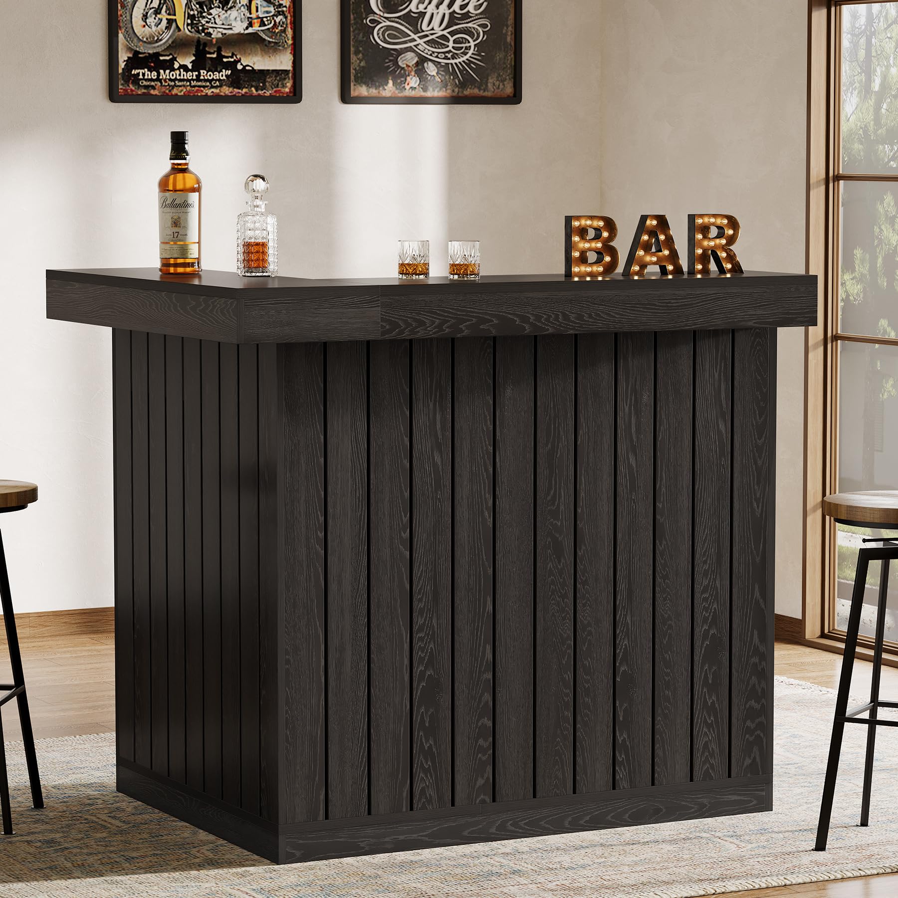 Tribesigns L Shaped Bar Table, 4-Tier Home Bar Unit with Wine Glasses Holders, Farmhouse Counter Height Pub Table with Storage Shelves, Corner Wine Table for Basement, Living Room (2, Black)