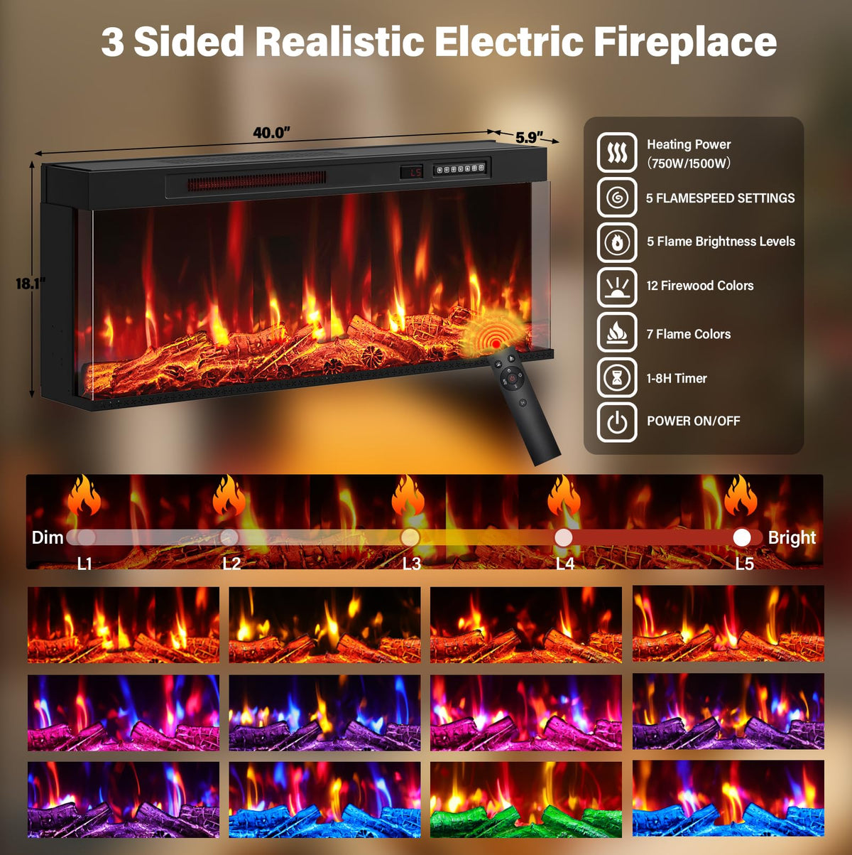 BREEZEHEAT Electric Fireplace with Mantel, 61" Farmhouse TV Stand
