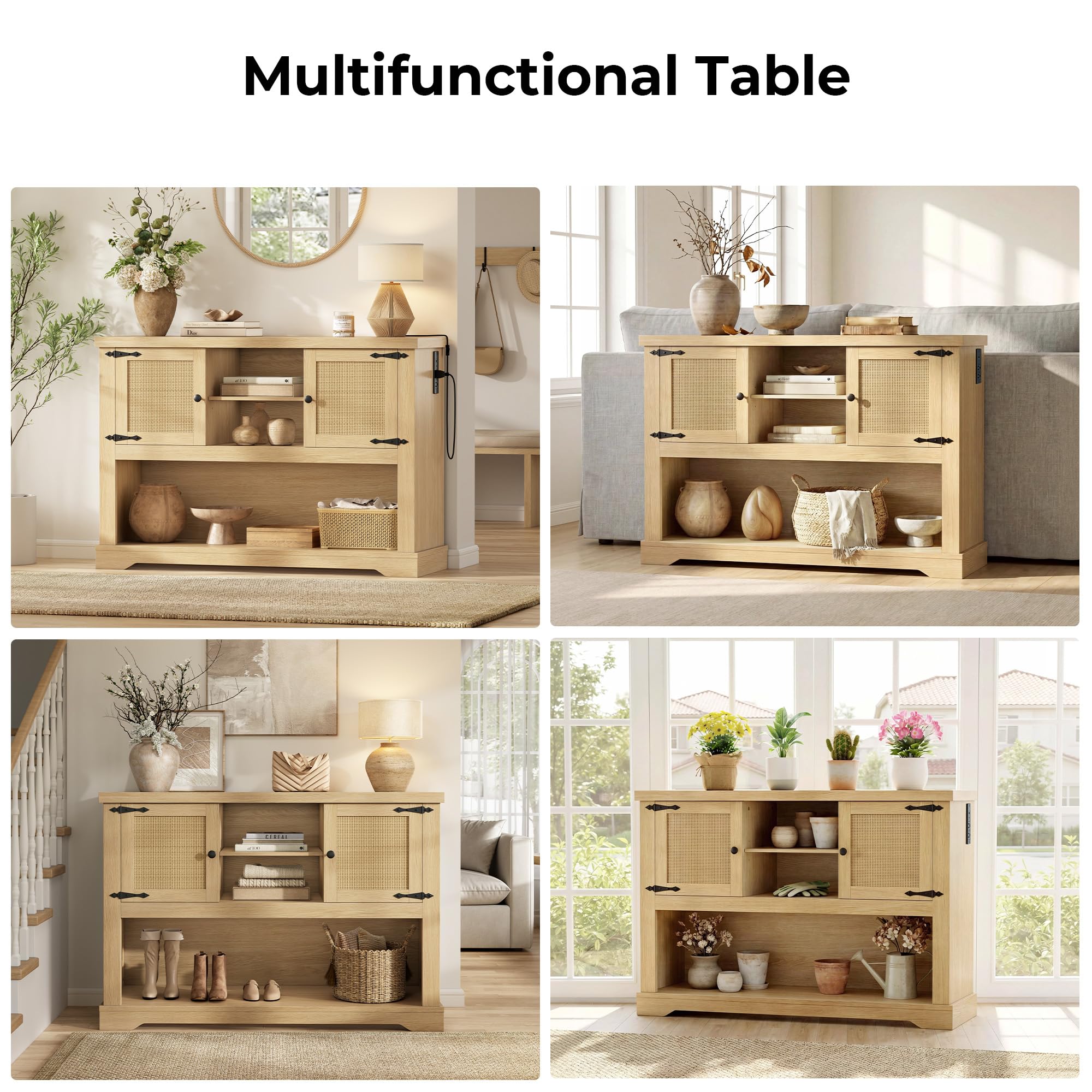 LIKIMIO Farmhouse Entryway Table with Power Outlets, 47.2" Rattan Console Table with Adjustable Storage Shelves & Rattan Doors Cabinet, Sofa Table for Entry, Living Room, Hallway, Natural