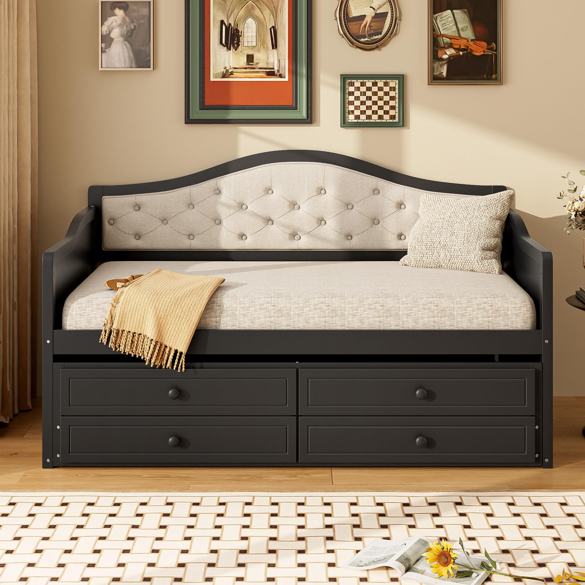 Bellemave Twin Size Daybed Frame with Trundle and Storage Drawers,Day Bed Frame Twin Size,Wood Daybed with Upholstered Button Tufted Backrest for Bedroom,Living Room,Black
