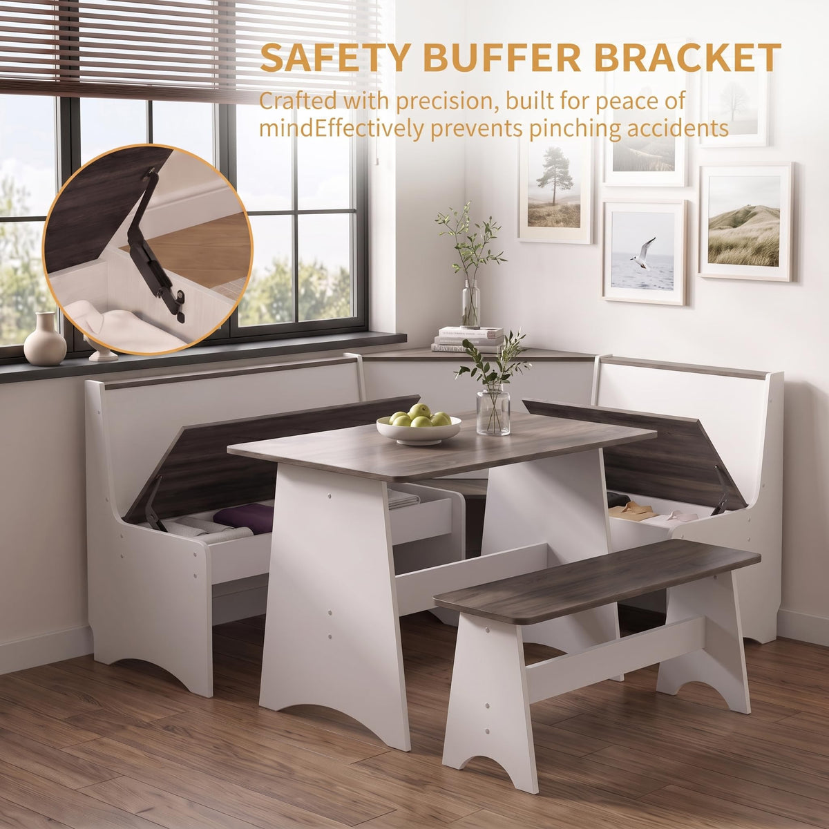 Farmhouse Breakfast Nook Table Set with L-Shaped Bench (White + Gray)