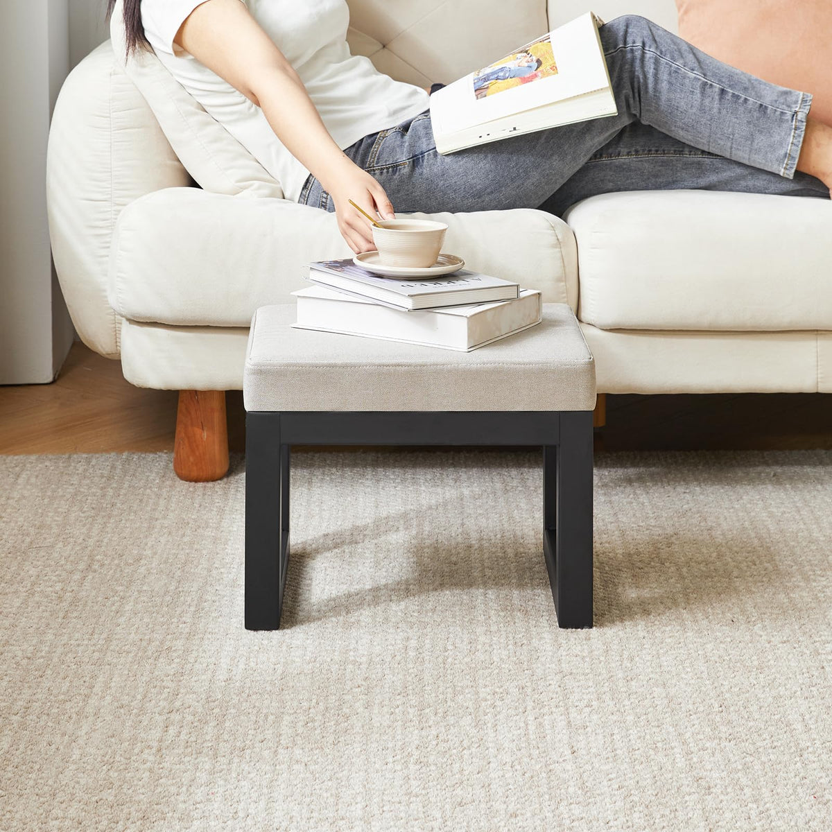 Grey Linen Footstool Ottoman