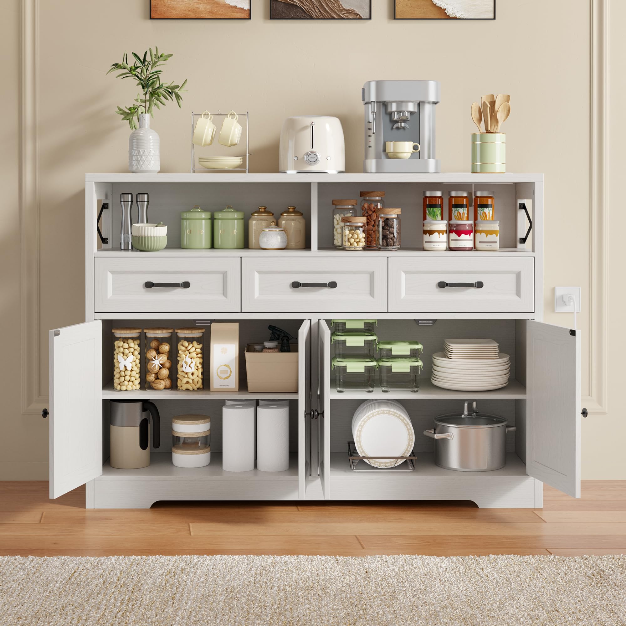 Ahomly 51" Buffet Cabinet with Adjustable Storage, Charging Port - 3 Drawers & 4 Doors Large Sideboard, Multi - Scene Coffee Bar/Microwave Stand for Kitchen,Living Room,Entryway（White）