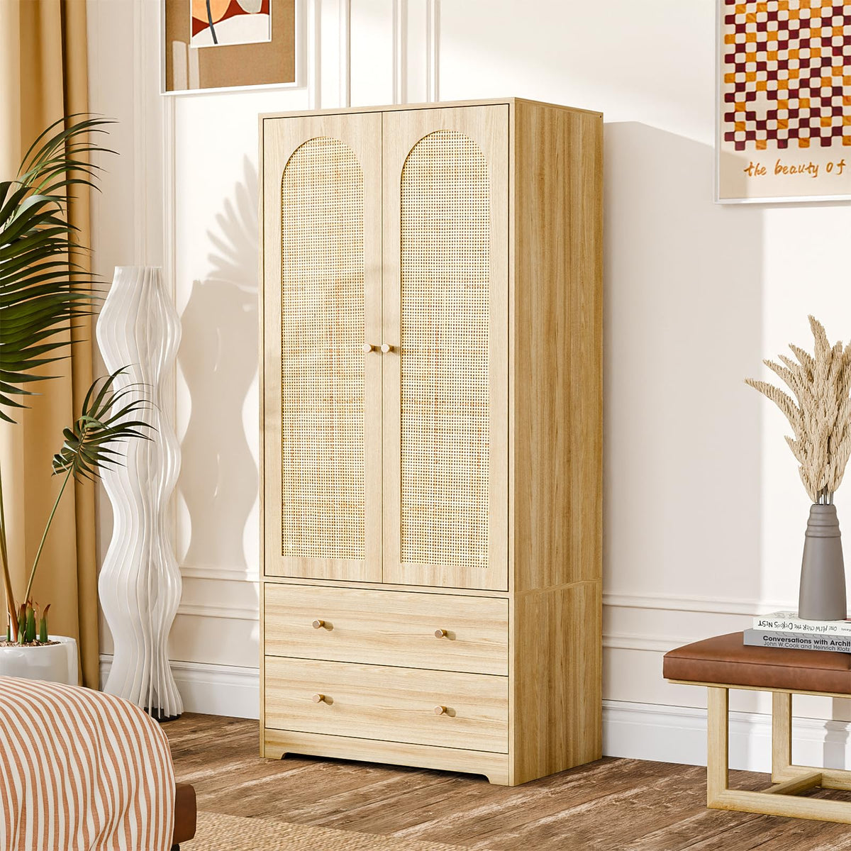 Rattan Wardrobe Armoire with Drawers