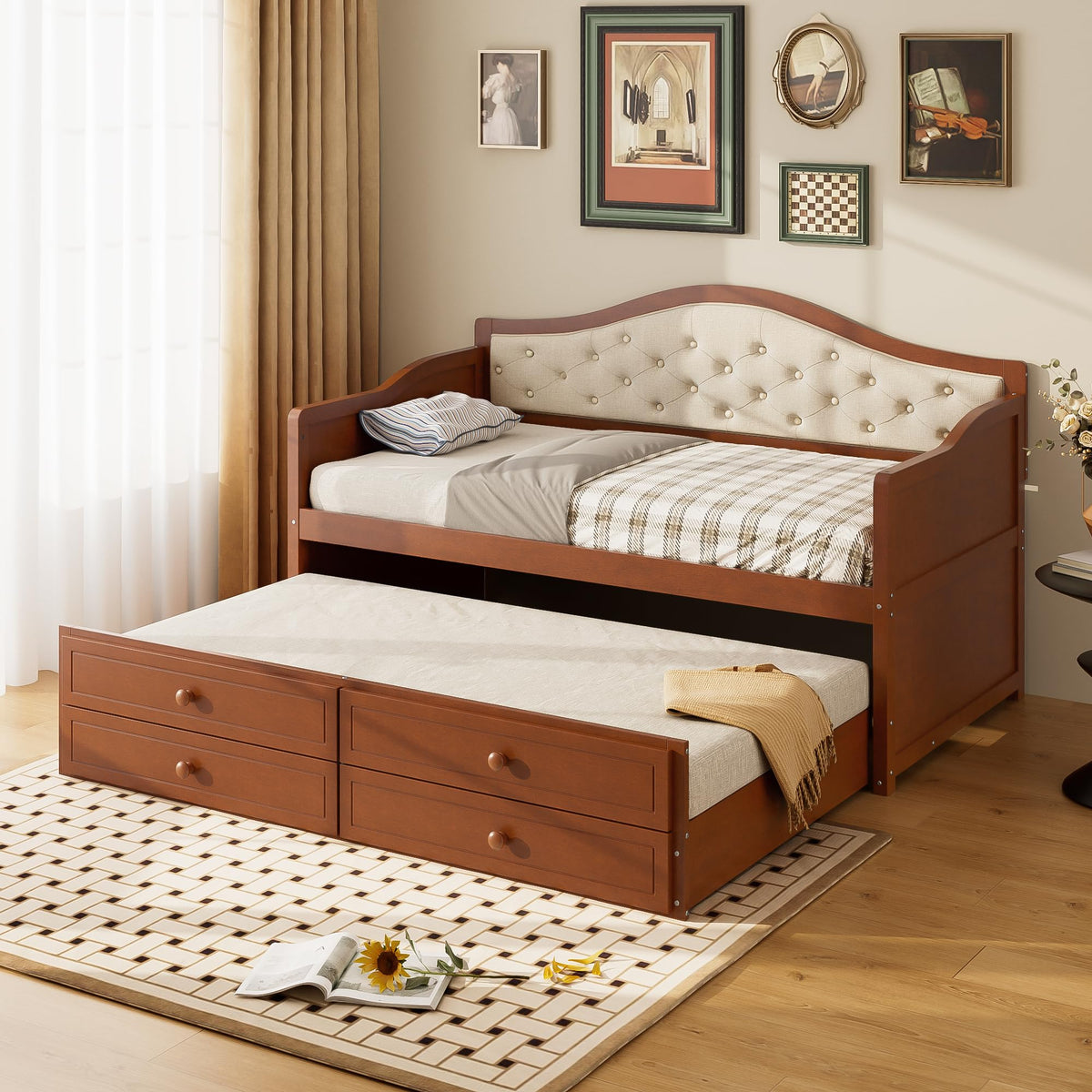 Twin Size Corner Bed Frame with Storage Drawers and Trundle, Walnut