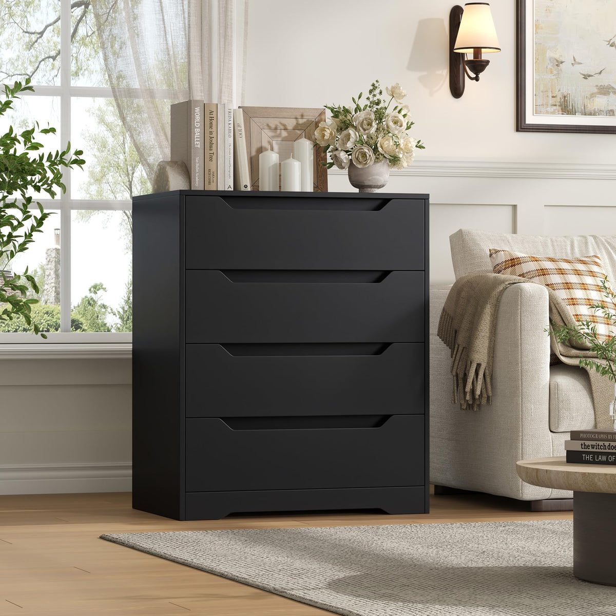 HOSTACK Modern 4 Drawers Dresser, Wood Chest of Drawers with Storage, Black
