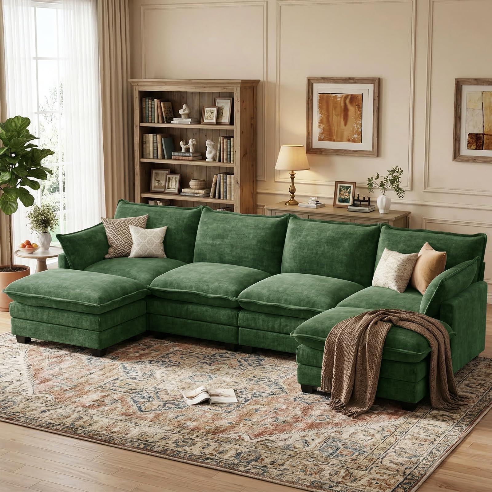 OhaiAura U Shaped Modular Sectional Sofa, Cloud Couch with Movable Ottoman, Comfy Chenille Sofa with Pillows for Living Room, Bedroom, Apartment, Green