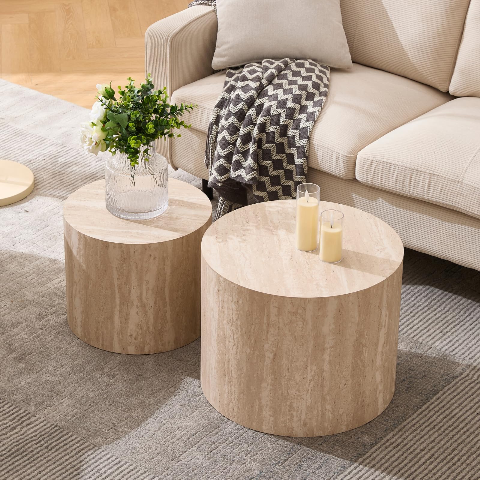 Ya-Home Modern Round Coffee Tables Nesting Table, Wood Set of 2 End Table Side Table for Living Room Balcony Office, No Assembly Required
