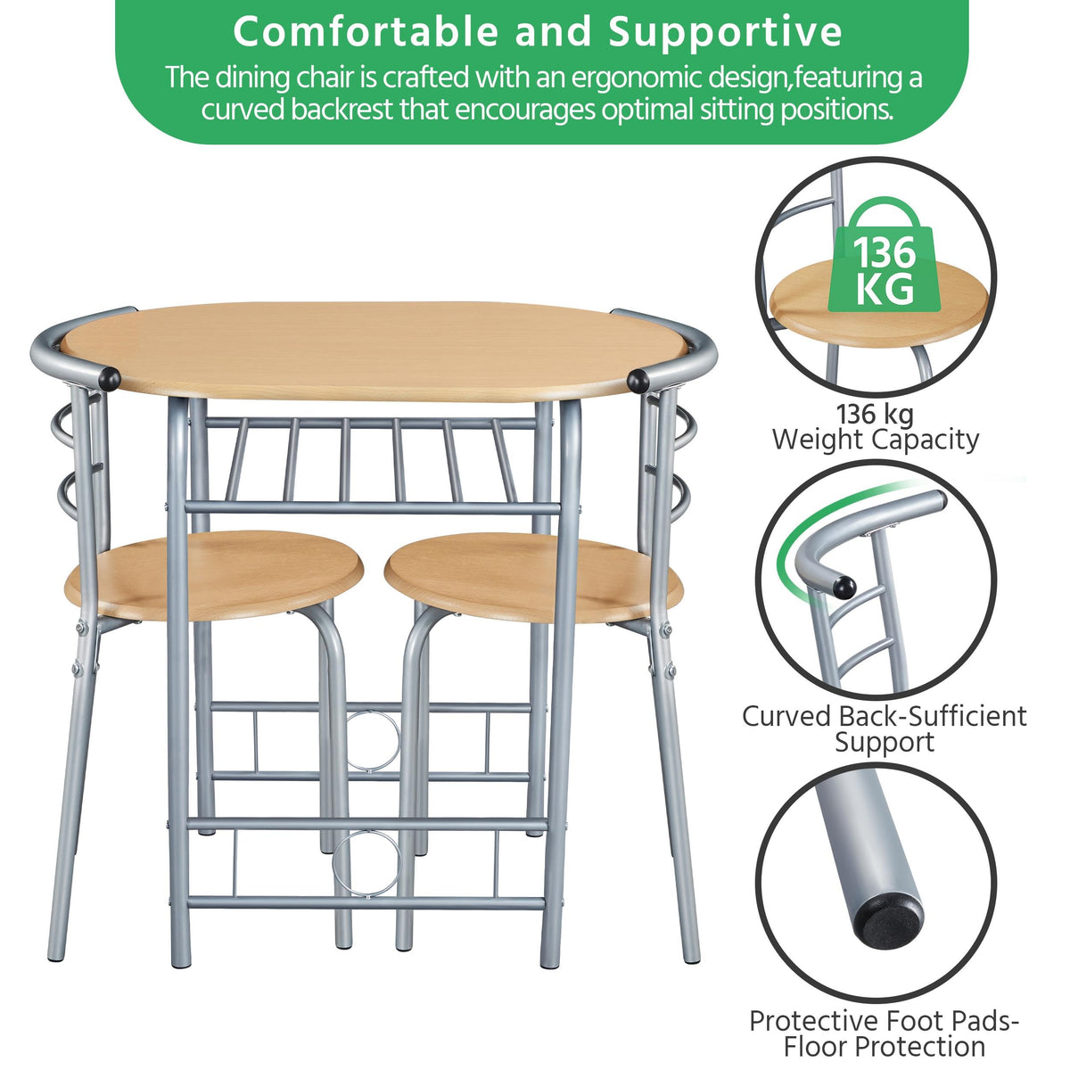 Yaheetech 3 Piece Dining Table Set for 2, Small Table and Chairs, Natural