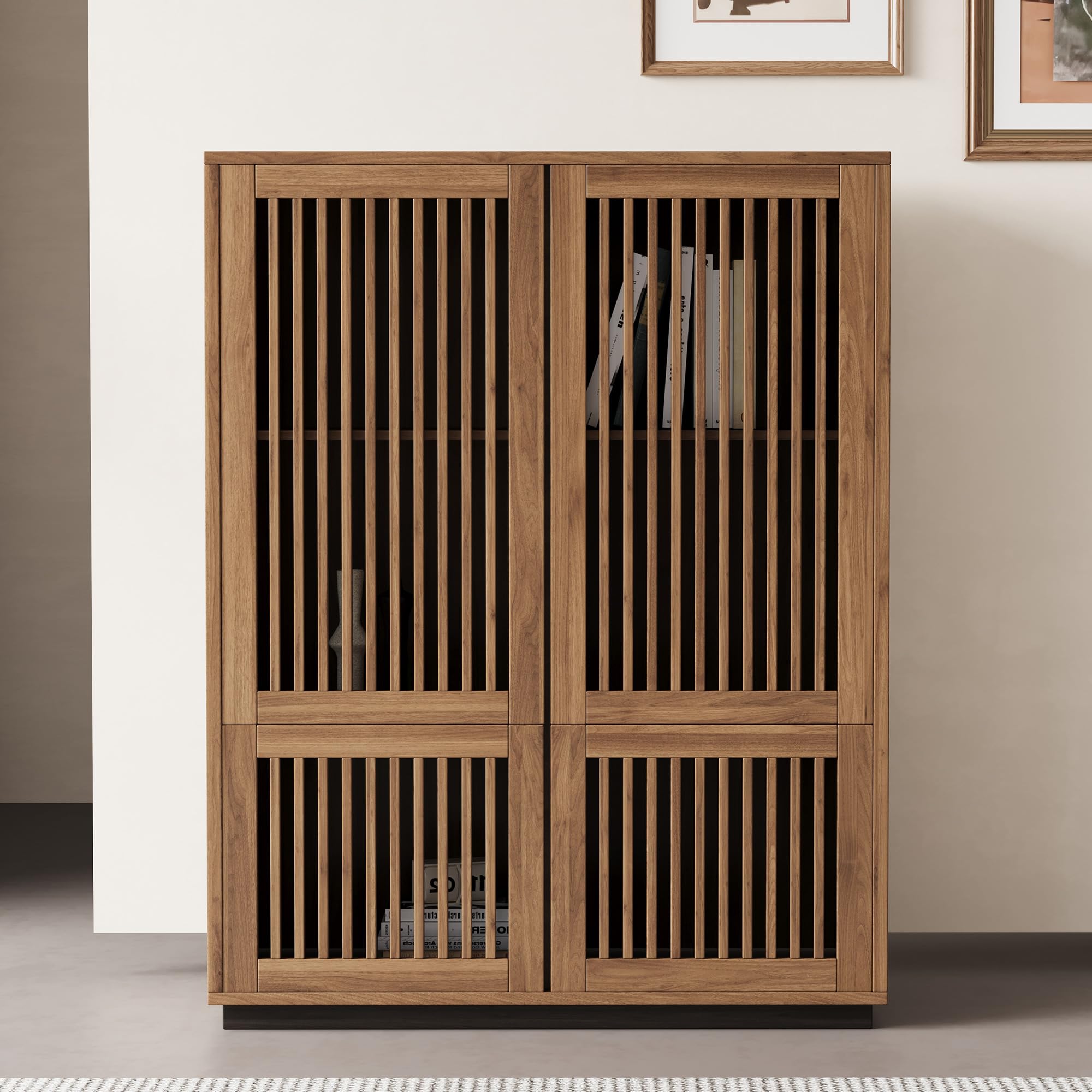 Wooden Slatted Door Storage Cabinet - Multifunctional Design, Elegant and Minimalist, Perfect for Living Room, Dining Room, or Study (34.84")