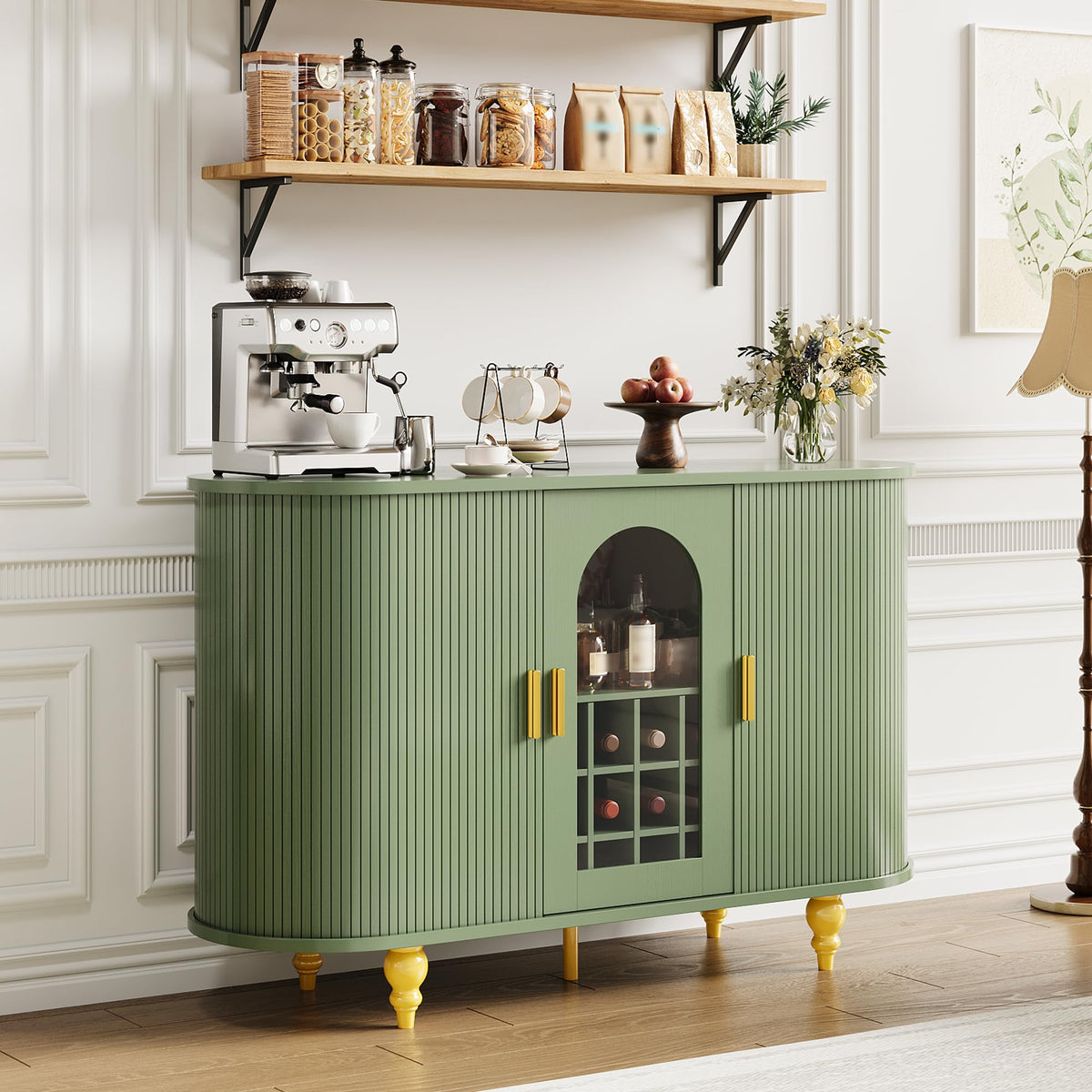 Garvee Modern Coffee Bar Cabinet with Wine Glass Rack,Green