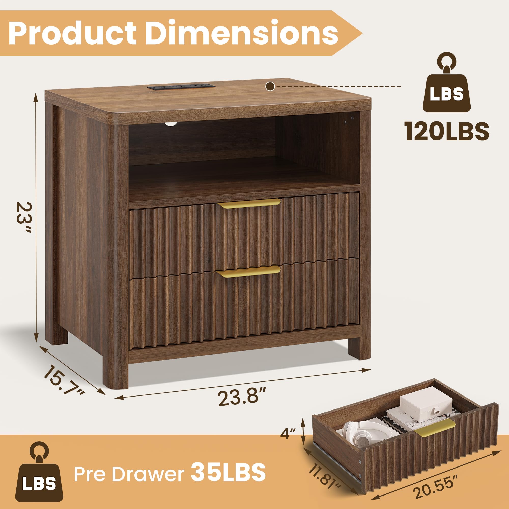Fluted Nightstand with Charging Station & 2 Drawers