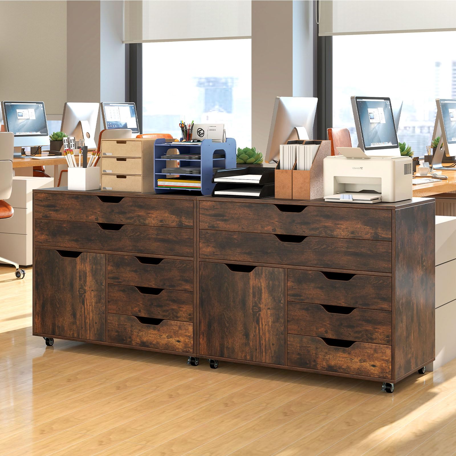 Rolling File Cabinet with 5 Drawers & Side Cabinet