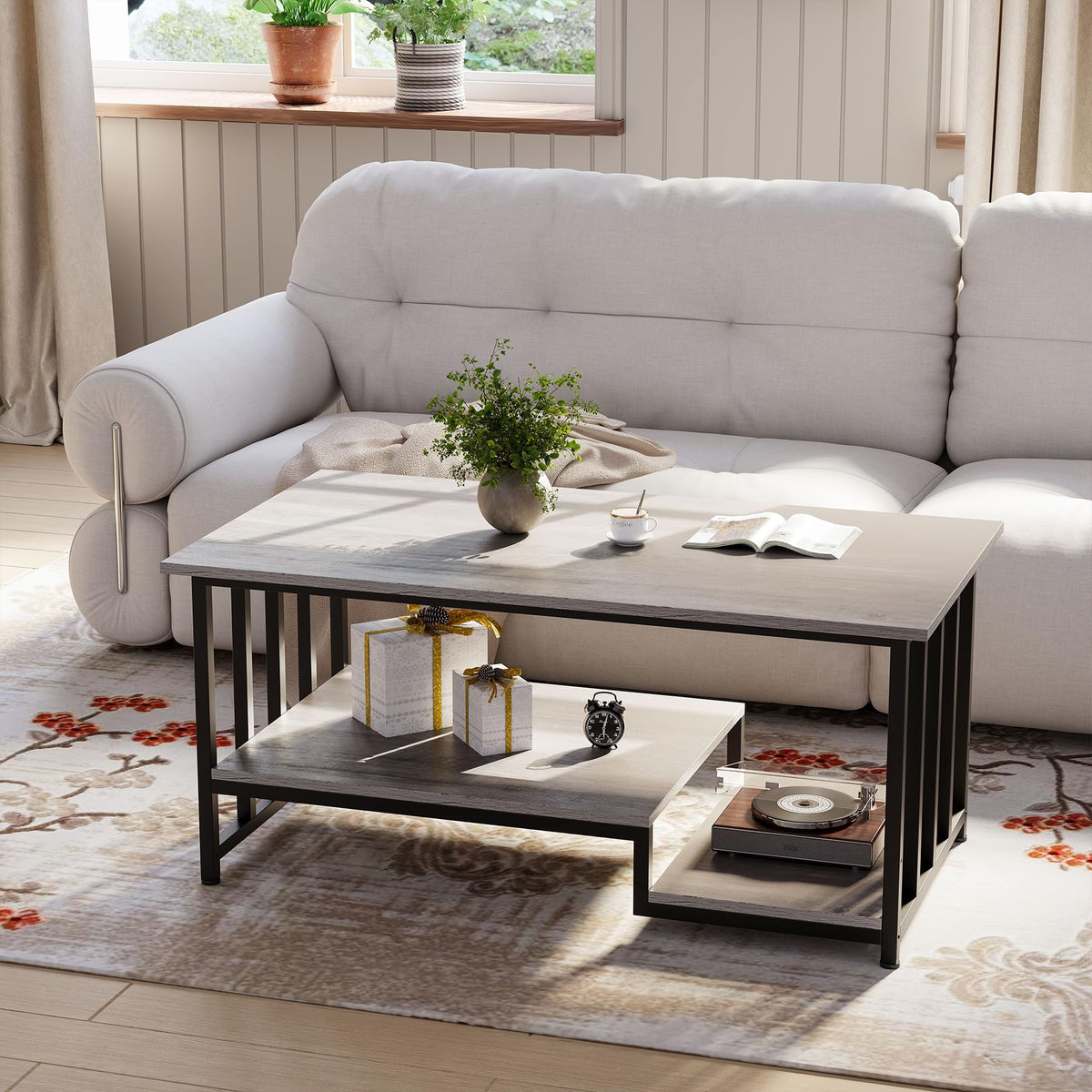 Masigle Coffee Table, 2-Tier Modern Coffee Table with Storage, 39.4" Rustic Wooden Rectangle Center Table, Easy to Assemble, for Living Room, Wash Gray