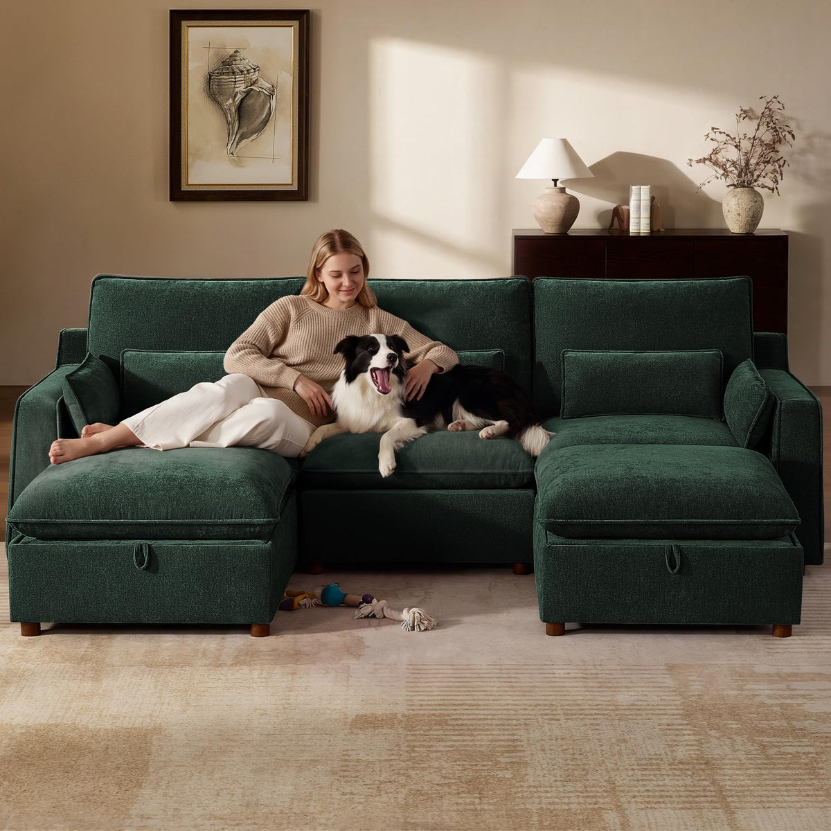 WorthFurni Modern Modular Sectional Sofa,103" U Shape Minimalist Couch with Storage Ottoman,Comfty 4 Seat Sofa for Living Room,Green Chenille