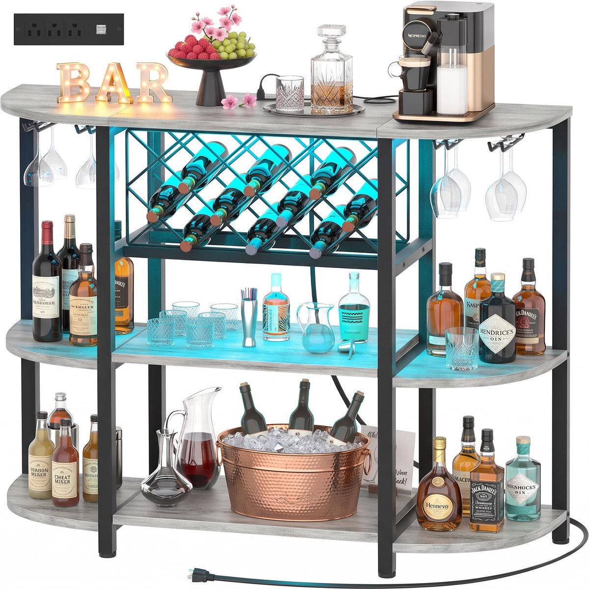 Unikito Wine Bar Cabinet with LED Lights and AC Outlets with USB-C Ports
