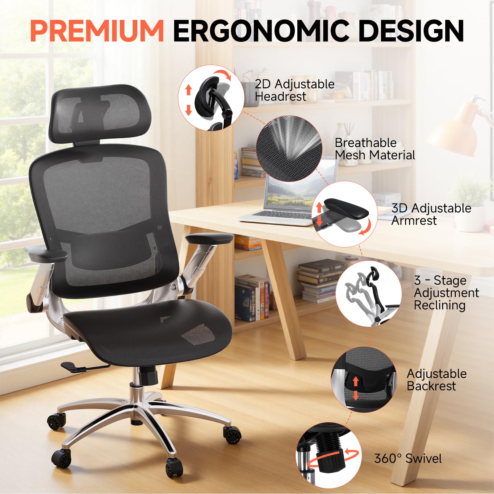 Ergonomic Mesh Office Chair with Flip-Up Arms & Lumbar Support