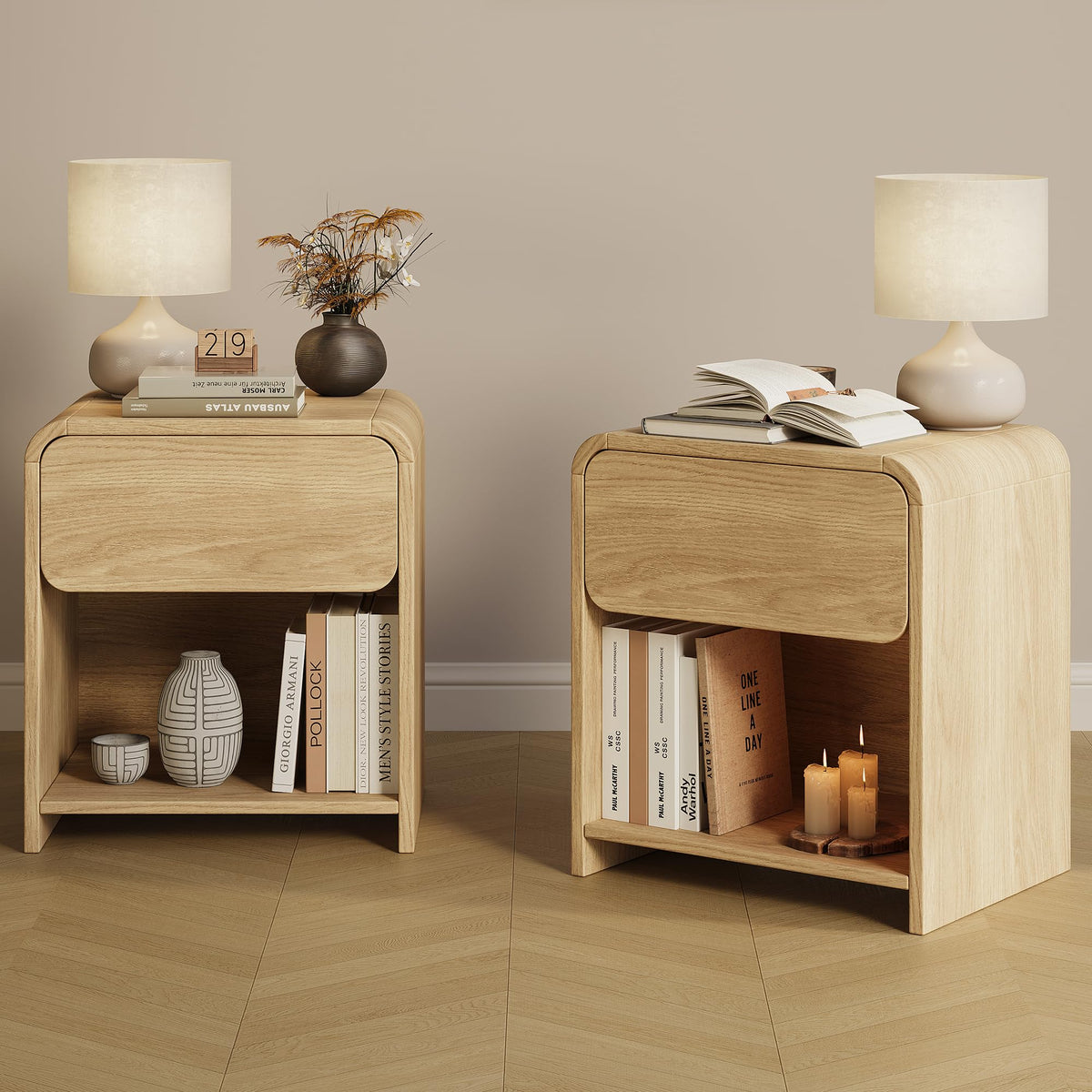 Curved Nightstands with Drawer, Set of 2