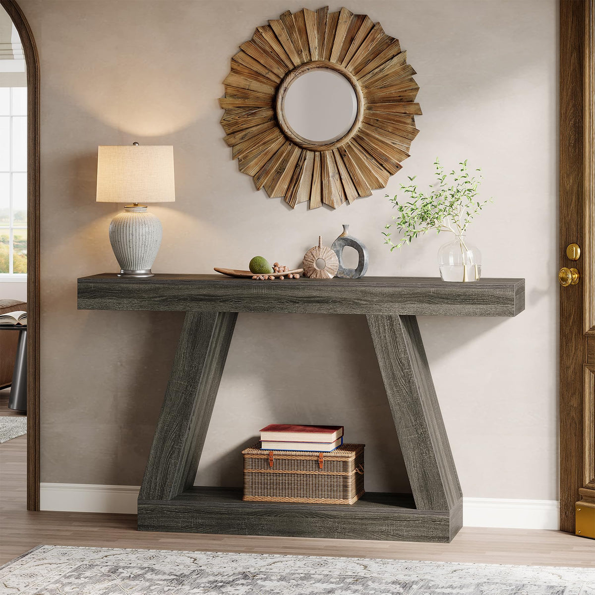 Tribesigns Farmhouse Console Table, 55-Inch Rustic Sofa Table with Storage, Industrial Wooden Entryway Table for Hallway, Living Room, Gray
