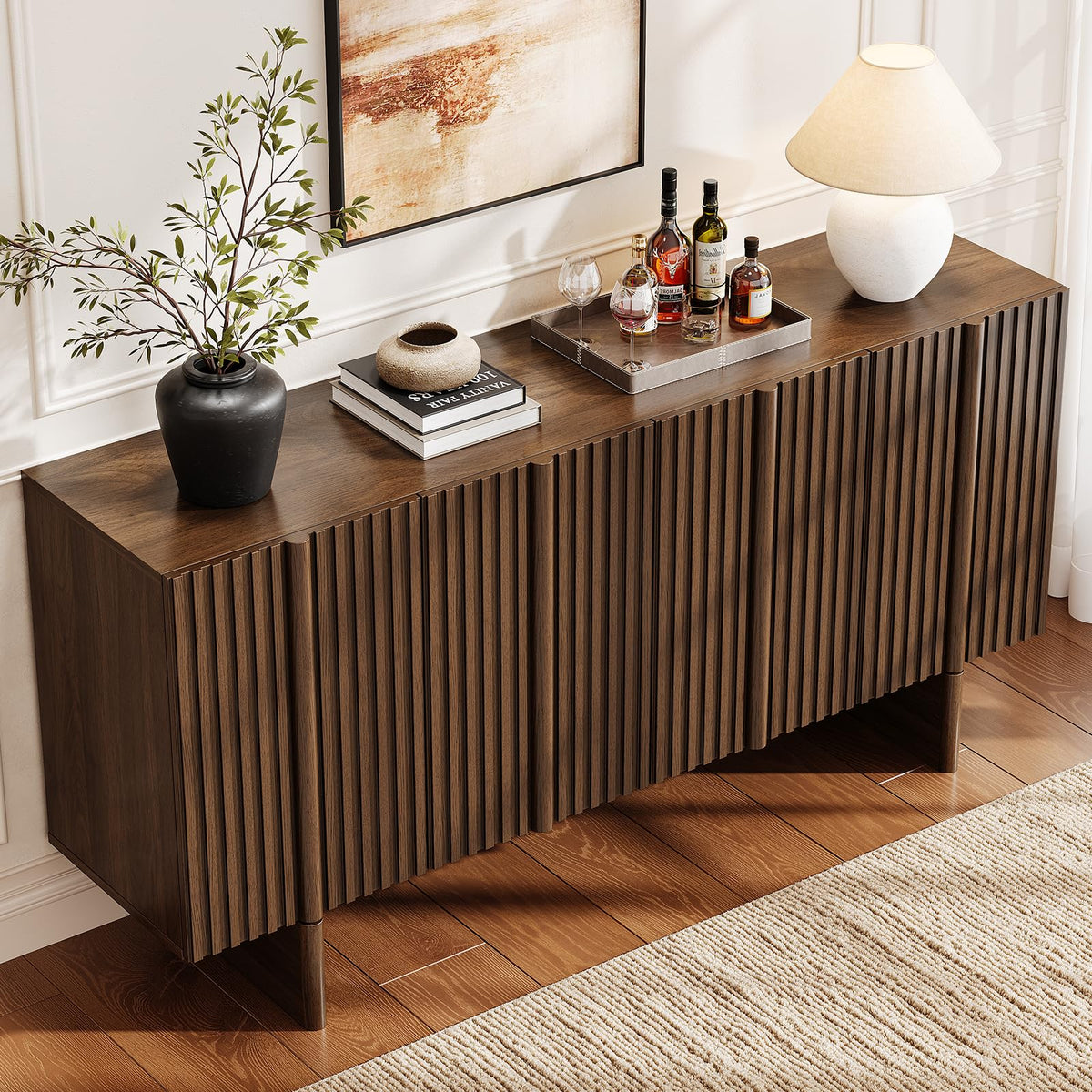 ONBRILL 63" Fluted Sideboard Cabinet with Storage Adjustable Shelves Walnut