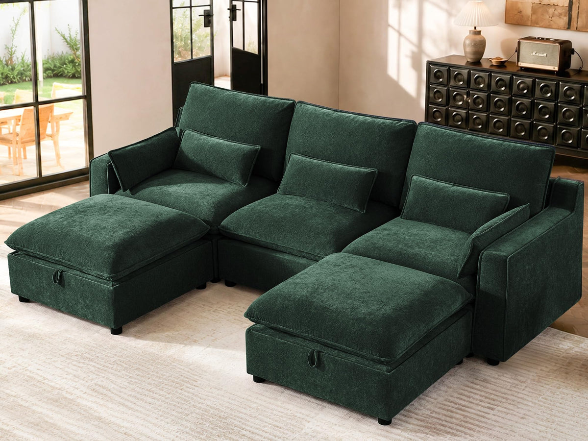 WorthFurni Modern Modular Sectional Sofa,103" U Shape Minimalist Couch with Storage Ottoman,Comfty 4 Seat Sofa for Living Room,Green Chenille