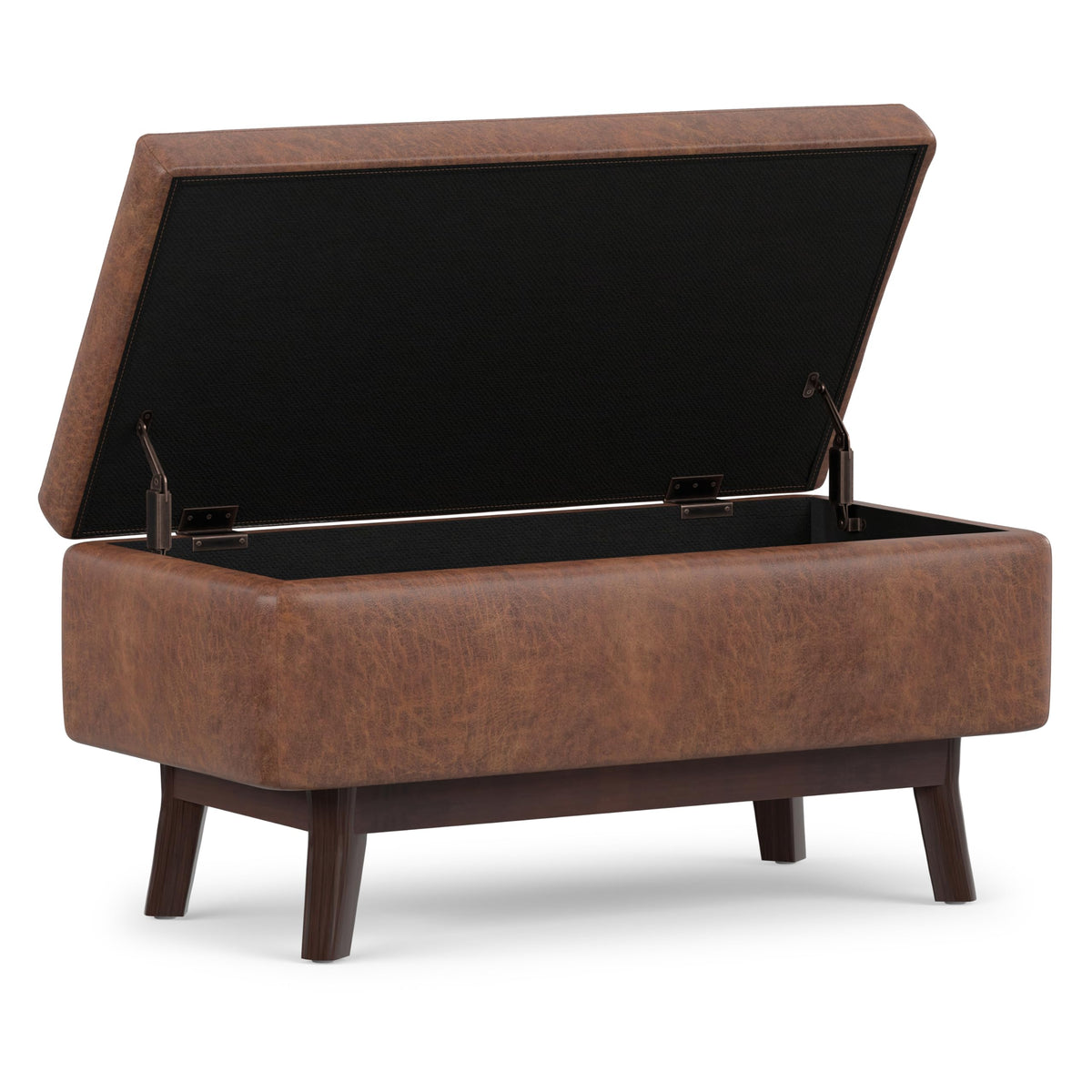 SIMPLIHOME Owen 36" Wide Vegan Leather Ottoman in Distressed Saddle Brown