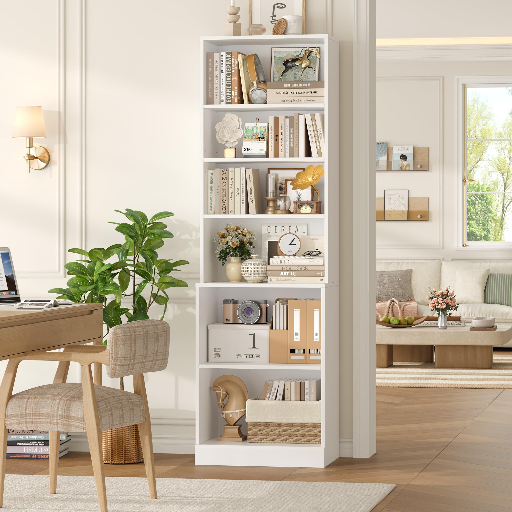 FACBOTALL 73.2" Tall Bookshelf and Bookcase, 6-Tier Open Bookshelf with Storage, Deep Bookshelf with Adjustable Shelf, Freestanding Display Storage Shelves for Living Room, Home Office, Study, White