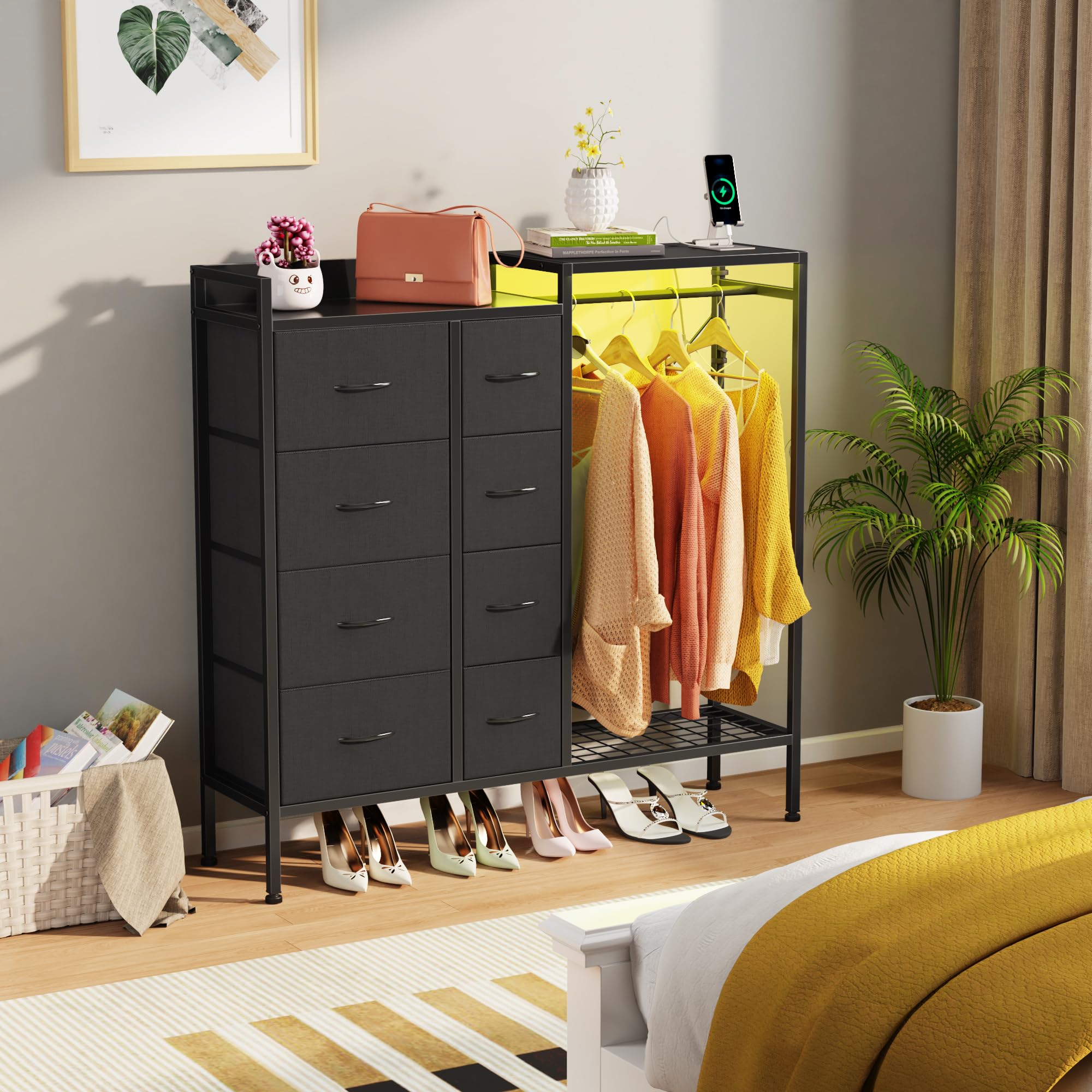 HIGDBFE Dresser with Hanging Rack, 8-Drawer Dresser for Bedroom with Charging Station & LED Lights, Fabric Dressers with Shoe Rack, Chest of Drawers with Wooden Top for Bedroom, Black, 11.8" D