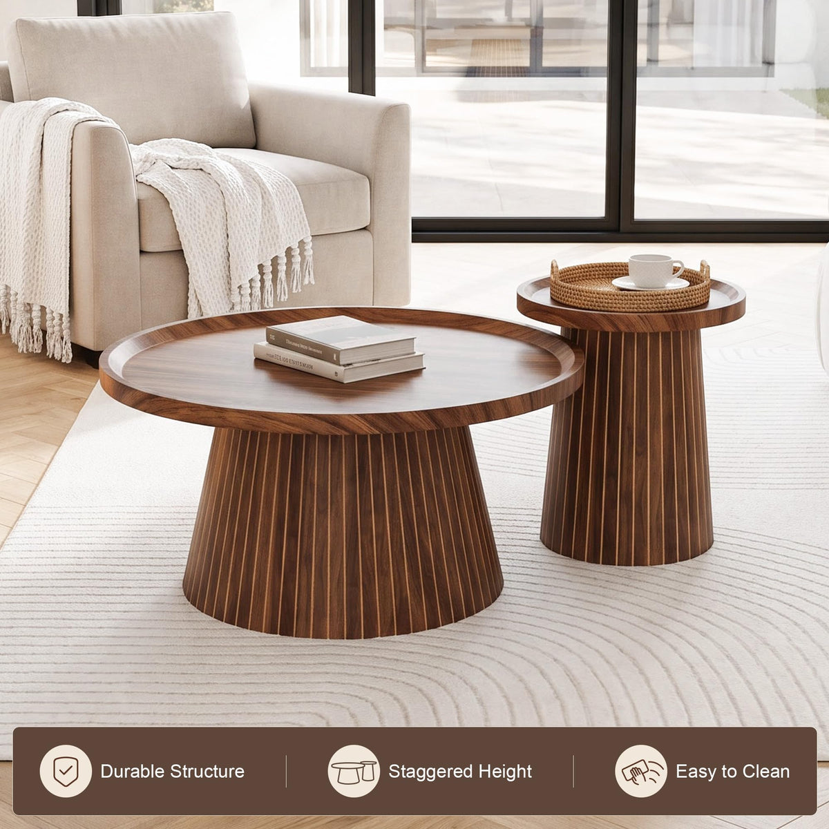 Zelurelle Nesting Coffee Table Set of 2, Circle Center Table Fluted Drum